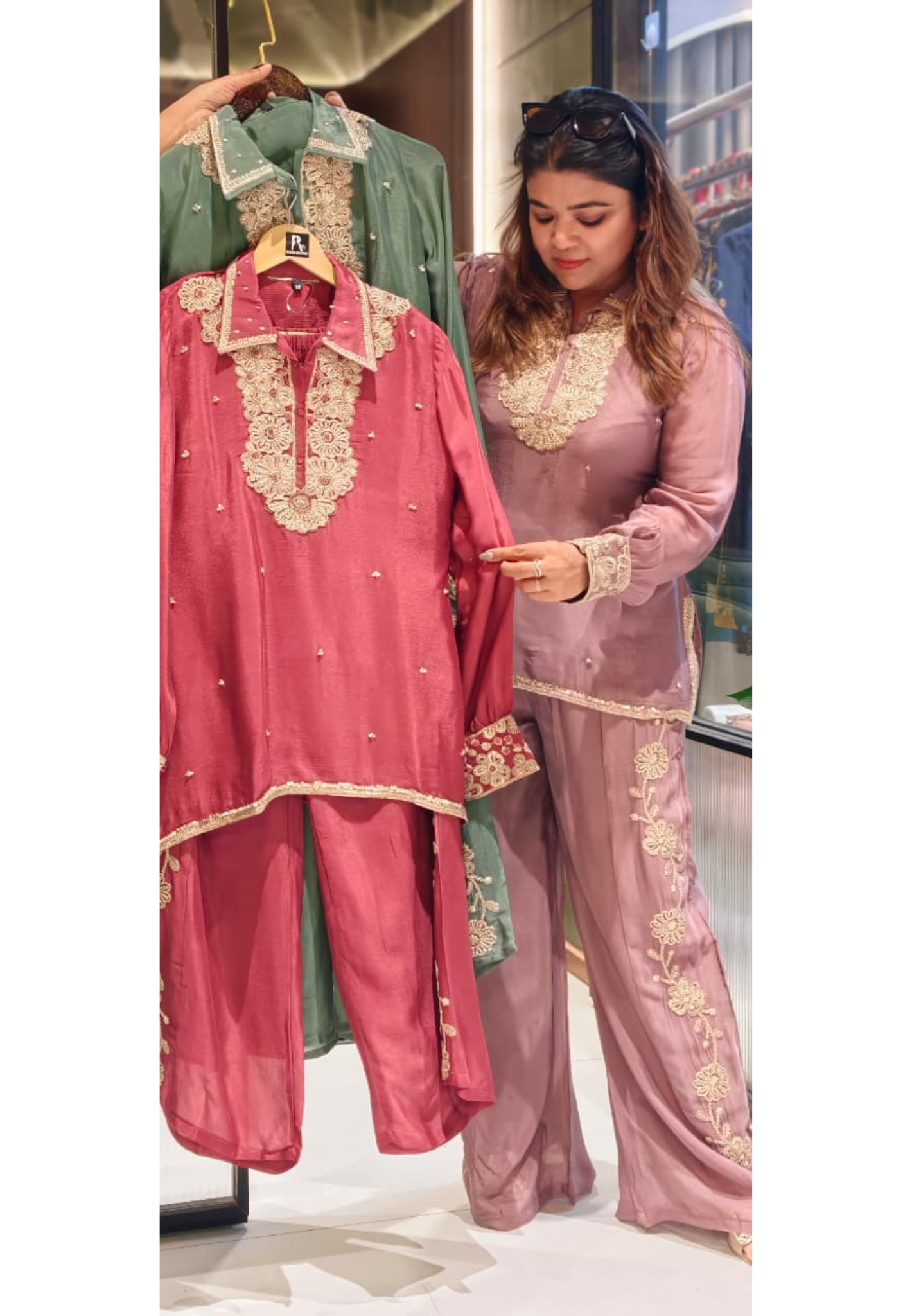 Designer Shirt Style Kurta Luxury Chinon Fabric Co-Ord Set with Intricate Embroidery 13996 RB07