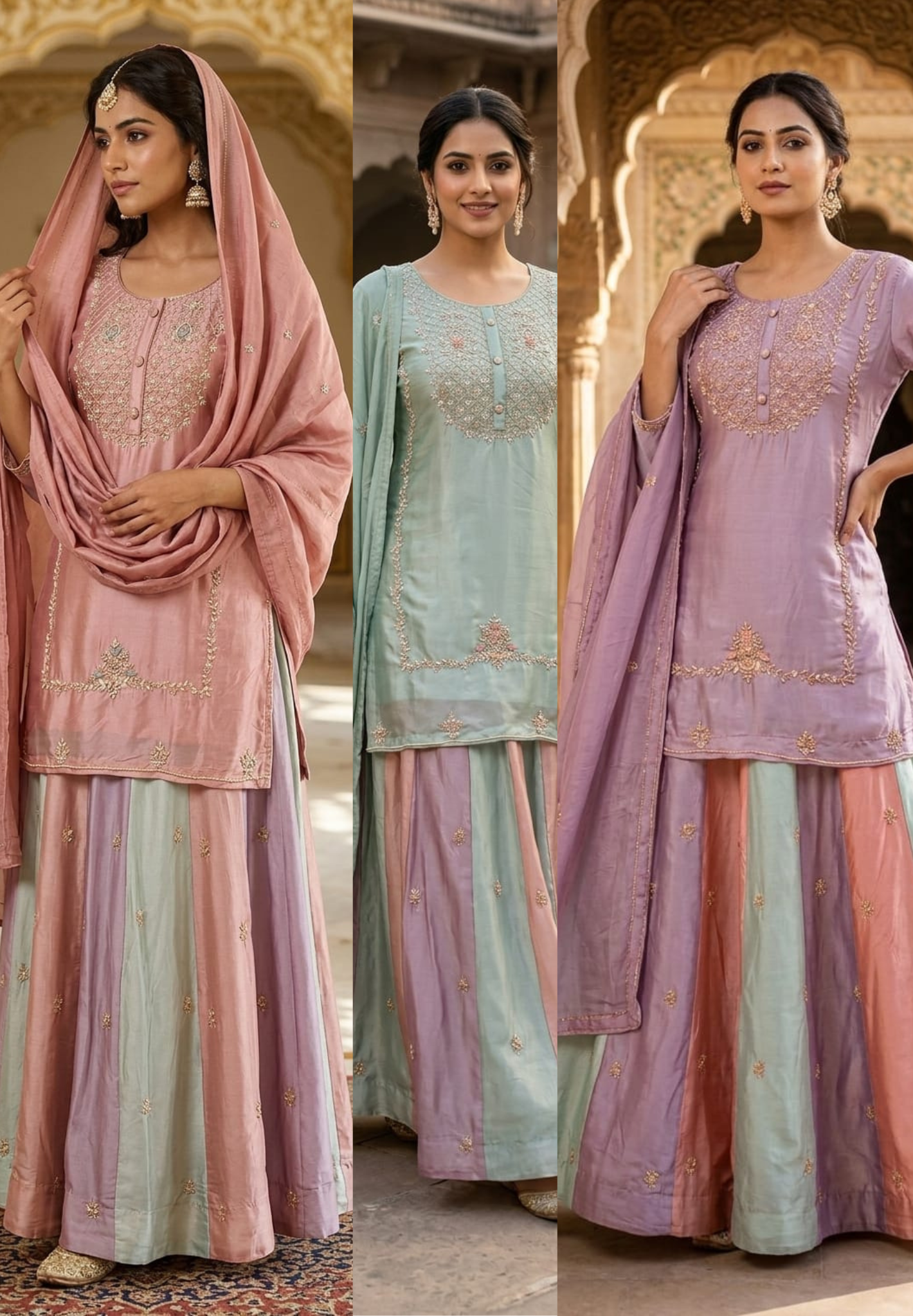 Pastel Embroidered Partywear  Kurta Set with Dual-Tone Skirt & Dupatta -13740 RB28