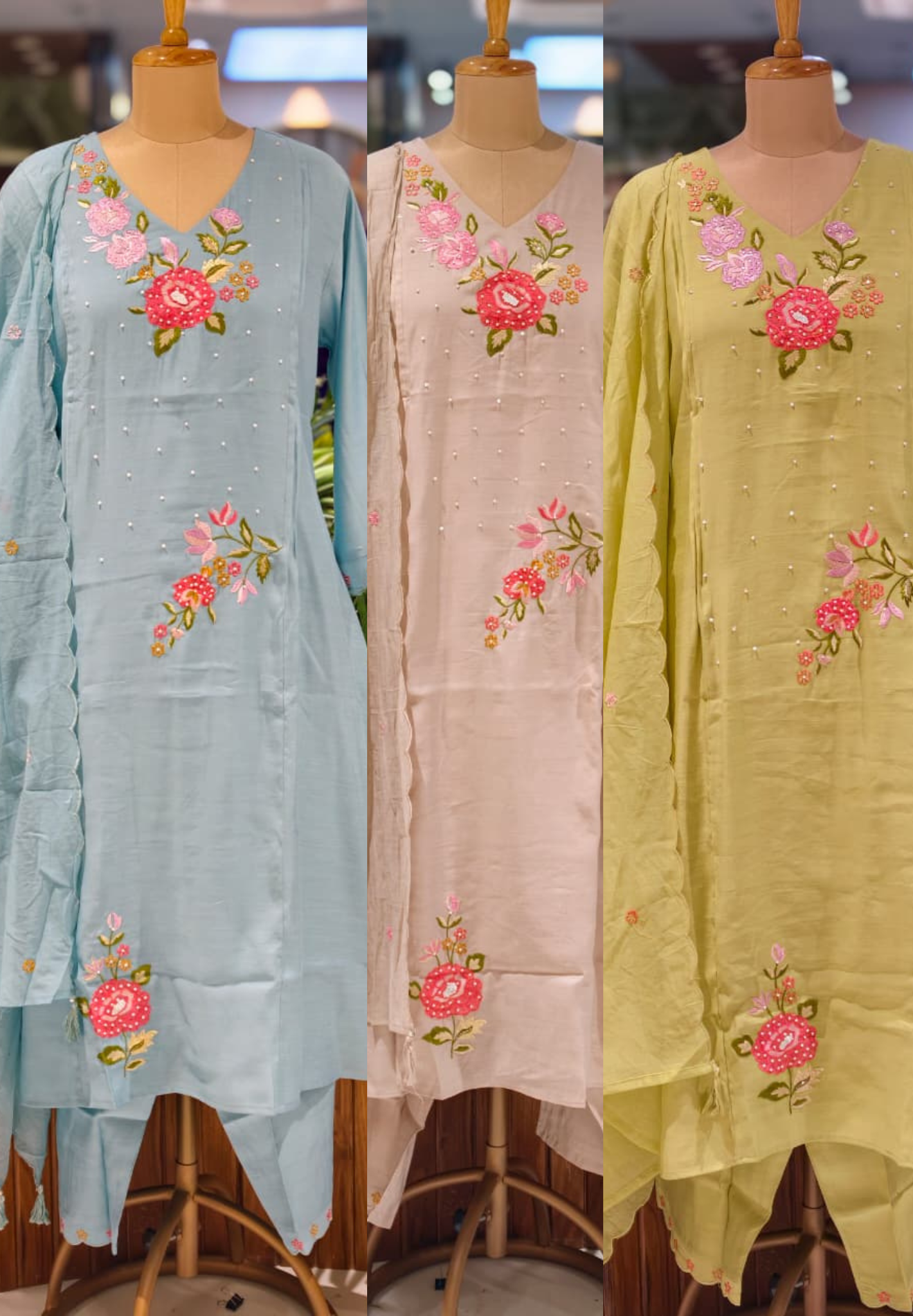 Elegant A-Line Full Set in Surat Mul Chanderi Fabric with Floral Embroidery 14042 RB31