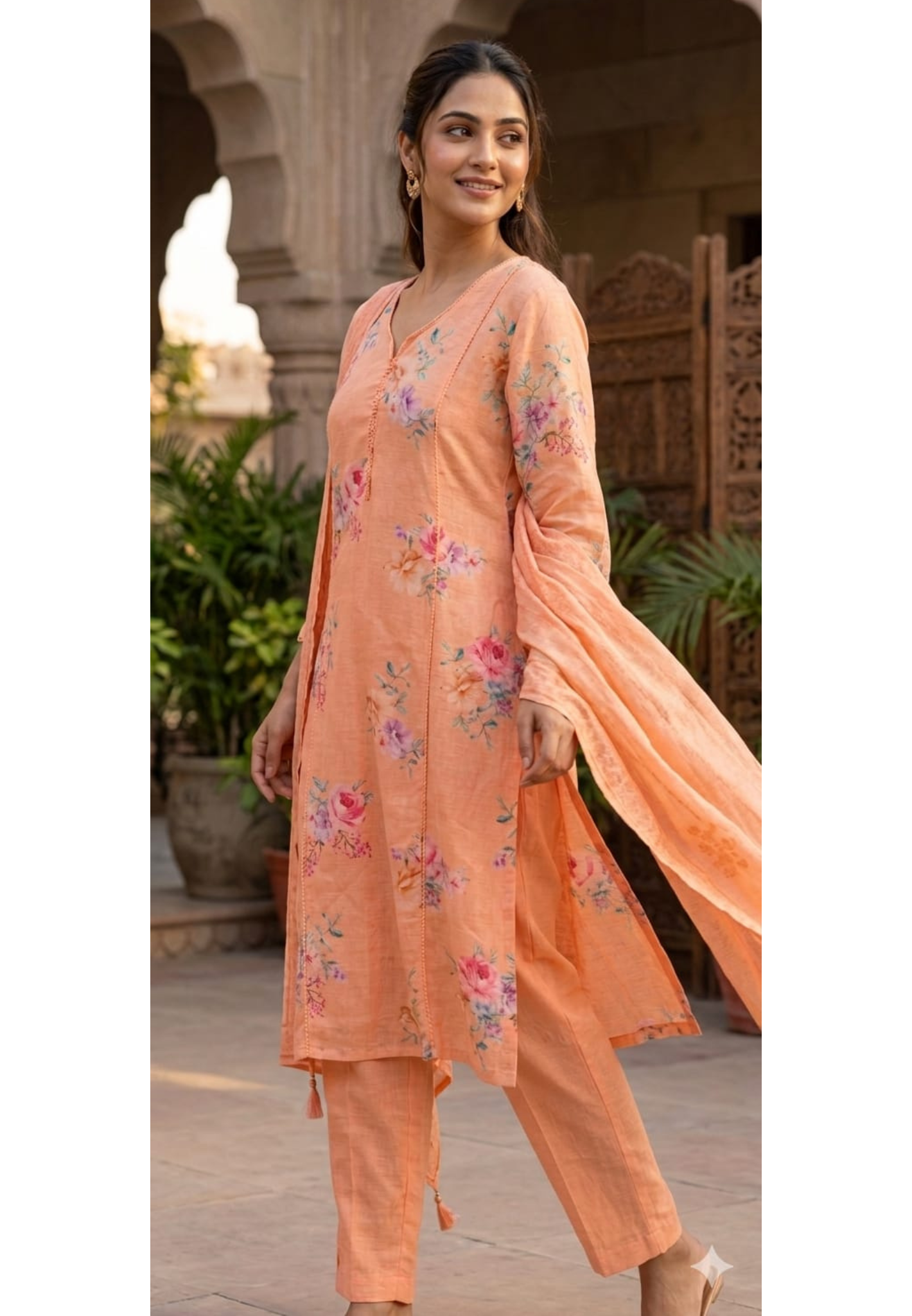 Premium Linen Floral Printed Straight Kurti with Minimal Embroidered Neckline 13976 RB45