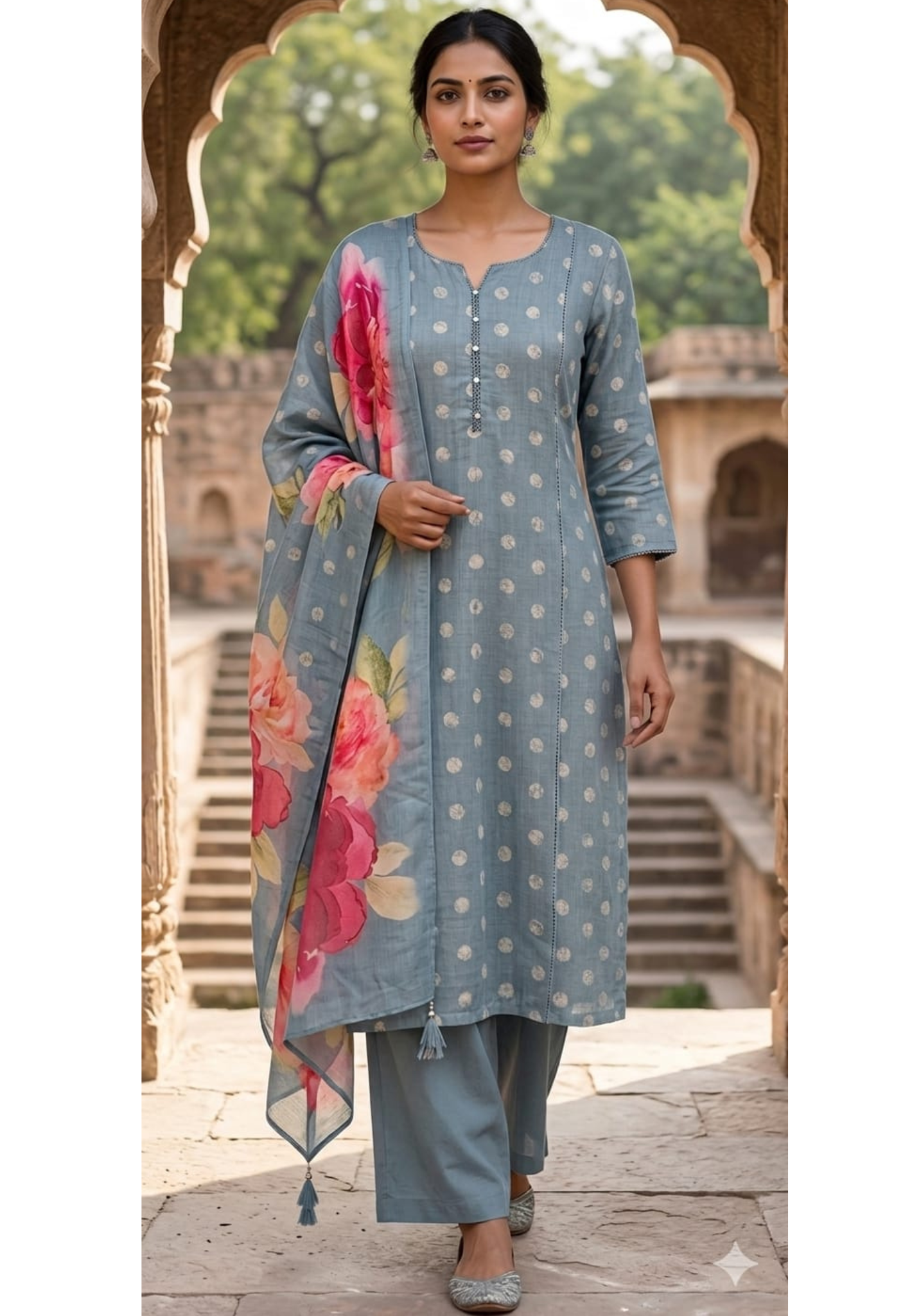 Premium Linen Printed Straight Kurta Set with Subtle Dot Motifs & Minimal Button Neck Detailing-13976, RB47