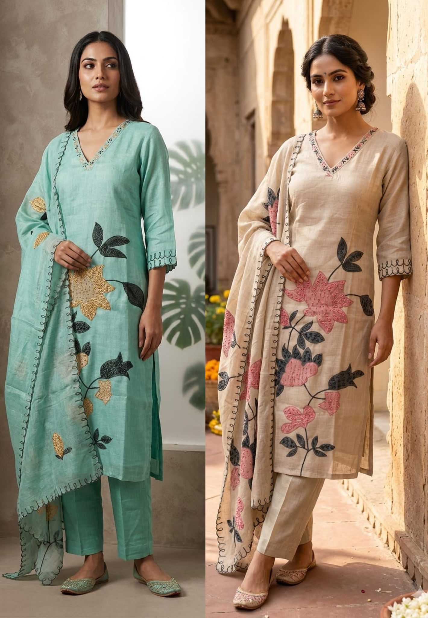 Floral Handwork Straight Fit Ensemble Elegant Linen Embroidered Kurta Set with Dupatta 13970 RB32