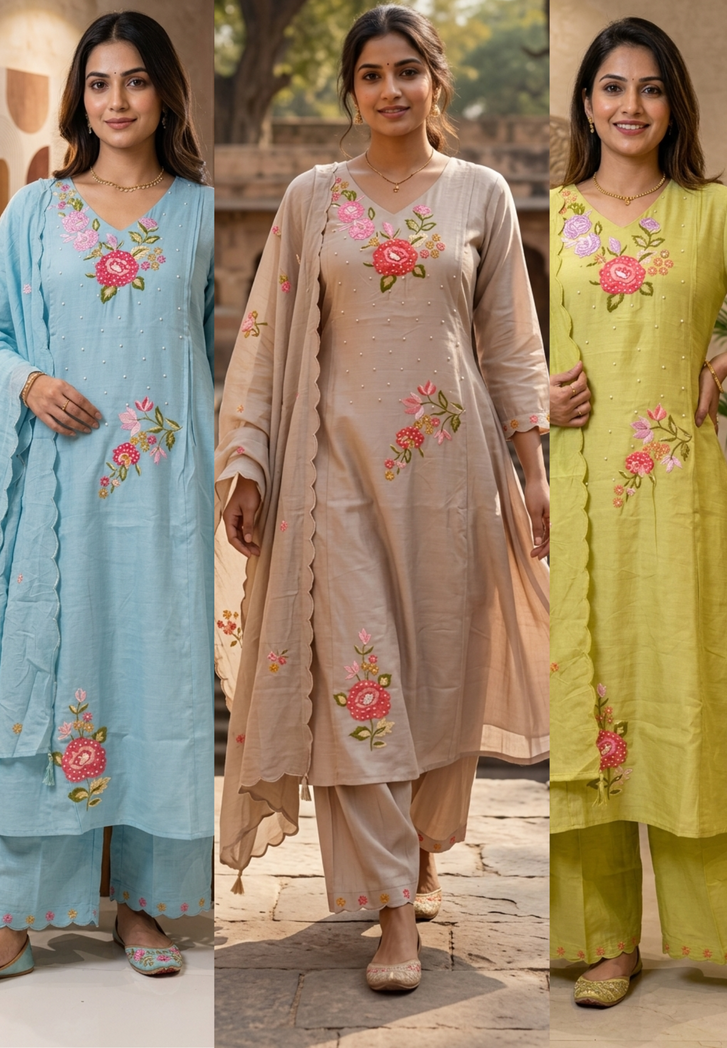 Elegant A-Line Full Set in Surat Mul Chanderi Fabric with Floral Embroidery 14042 RB31