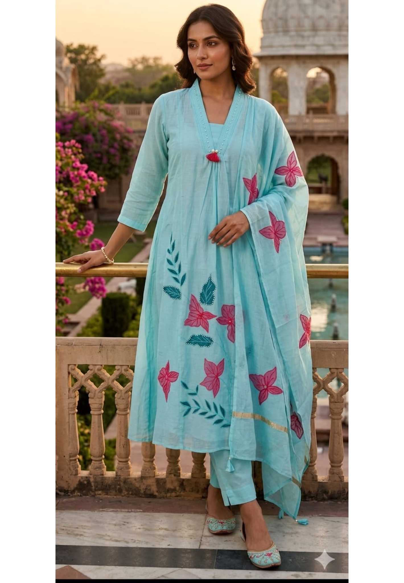 Premium Surat Mul Chanderi A-Line Set with Handcrafted Floral Appliqué Work & Elegant Dupatta 13929 RB41