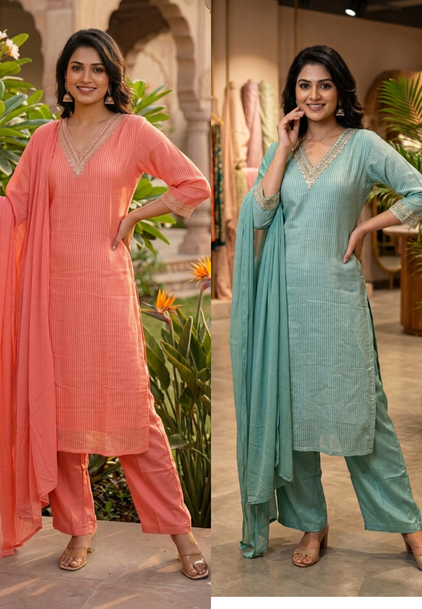 Premium Tissue Embroidered full Set with Pleated Texture & Designer Neckline RB46