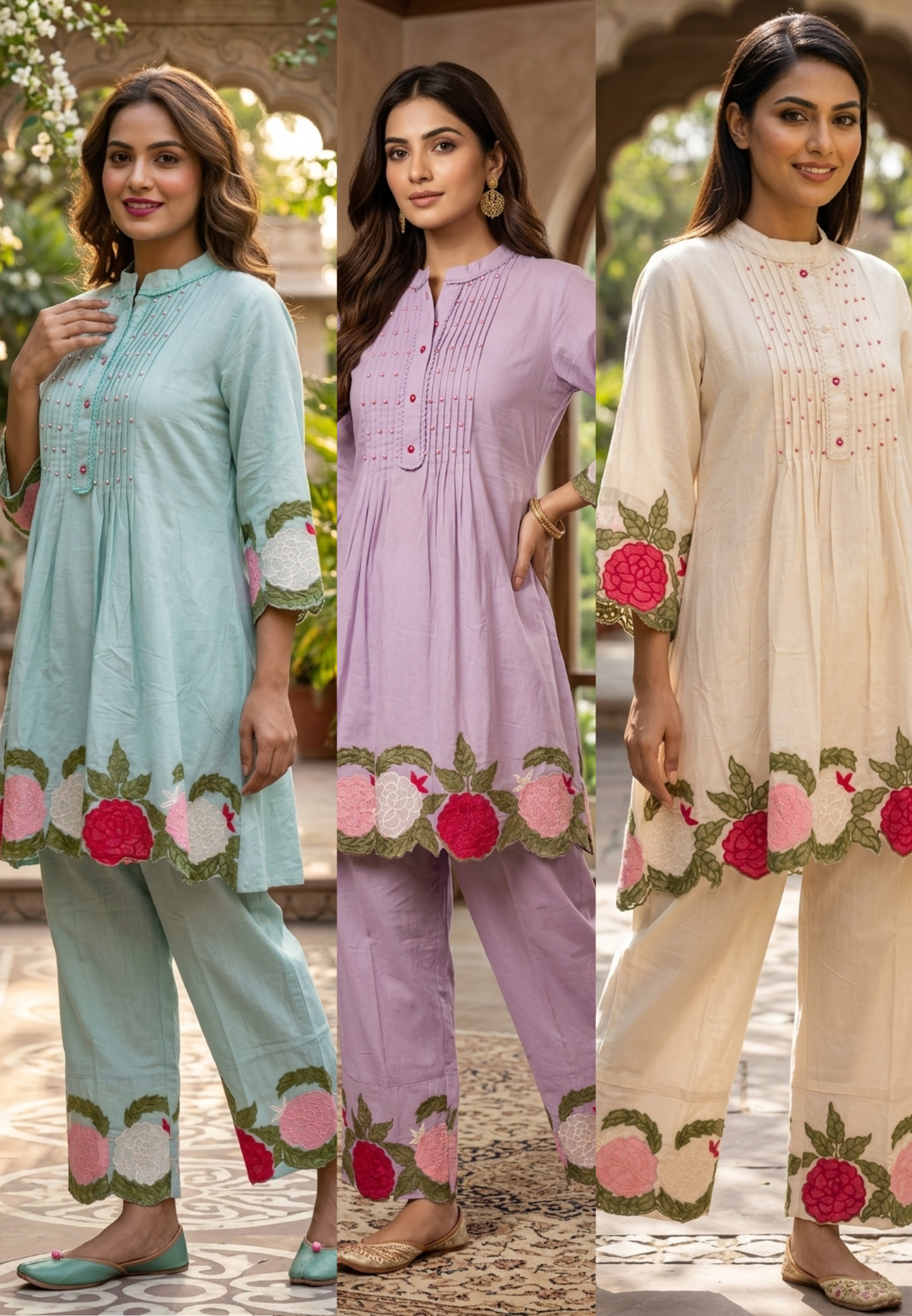 Bold floral embroidery Elegant A-Line Kurta Set in Surat Mul Cotton 13972 RB35