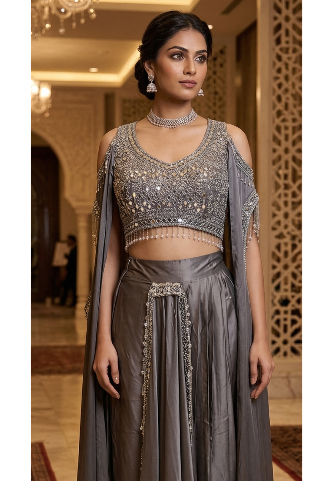 High-Fashion Partywear Drape Skirt Set with Heavy Hand-Embroidered Mirror Blouse,Side Cut Drape & Crystal Hangings  RB92
