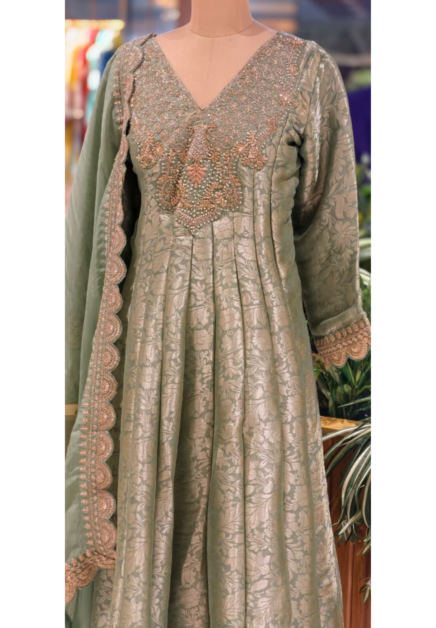 Jacquard Pattern Stunning Heavy Neck Embroidery Brocade Panel Anarkali Full Set- 14072