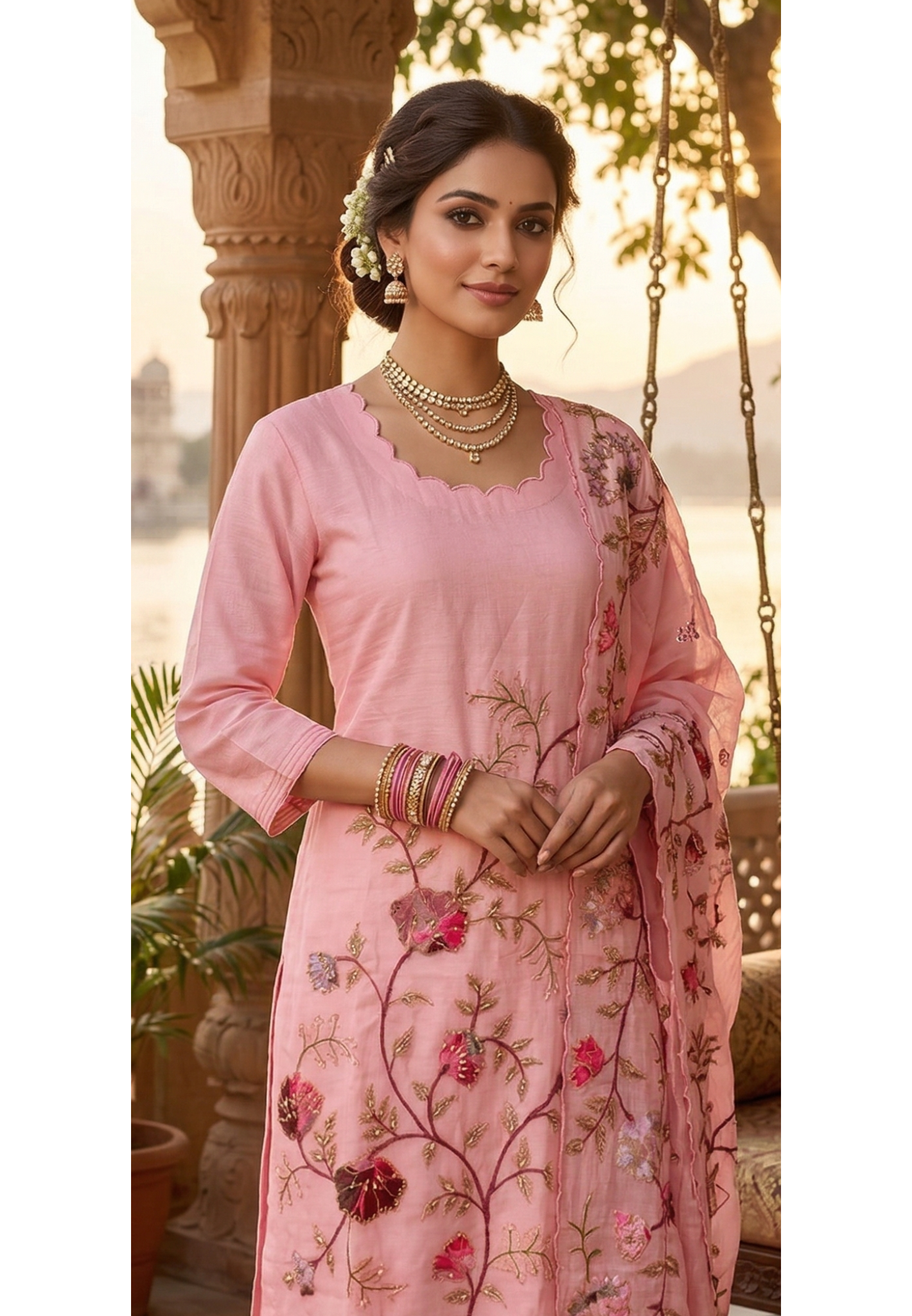 Elegant Soft Mul Chanderi Straight Cut Suit Set with Intricate Floral Embroidery- 14029  RB107