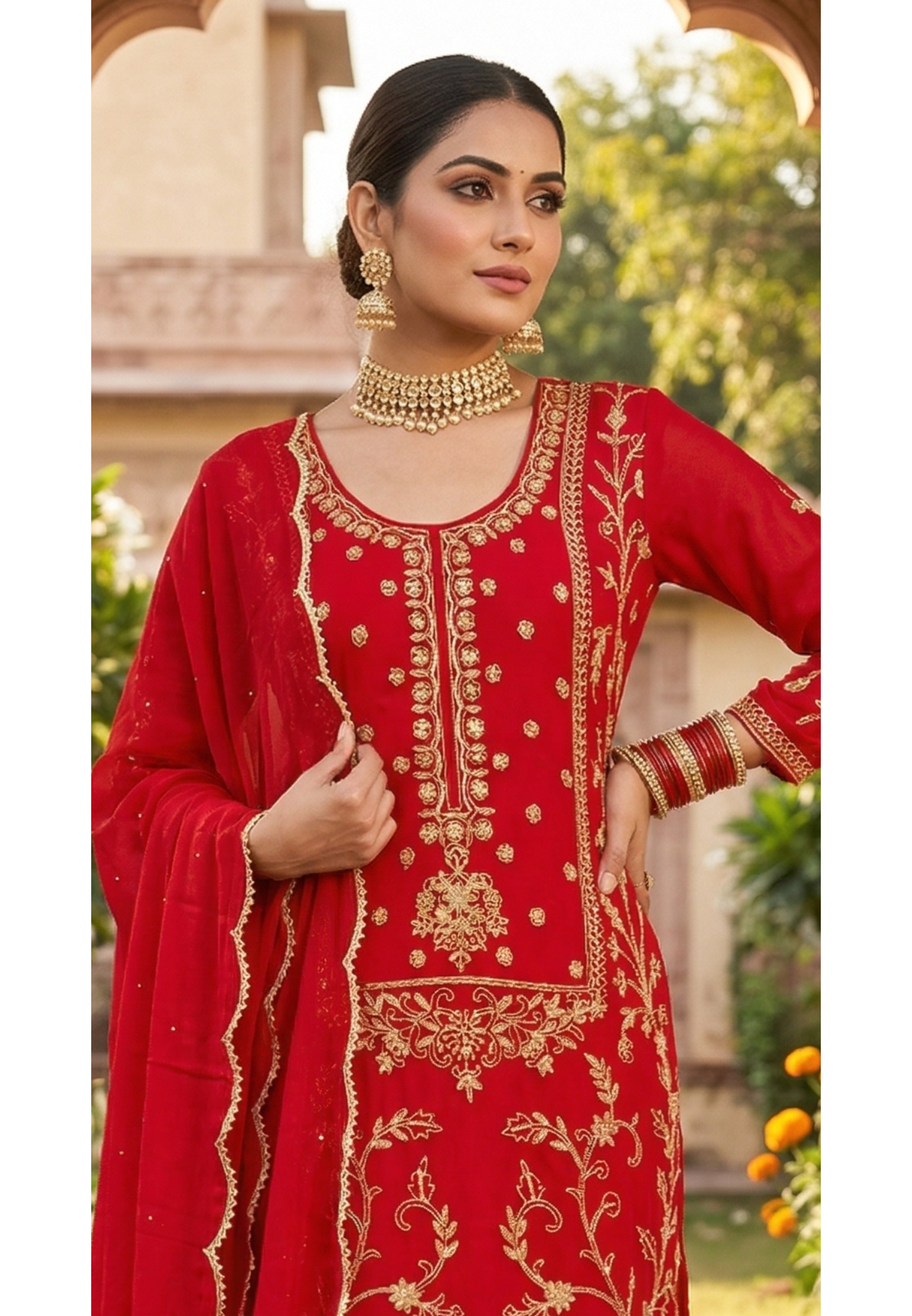 Vibrant Floral Motif Zardosi Wok Heavy Chinon Full Suit Set With Dupatta & Palazzo Bottom- 13624
