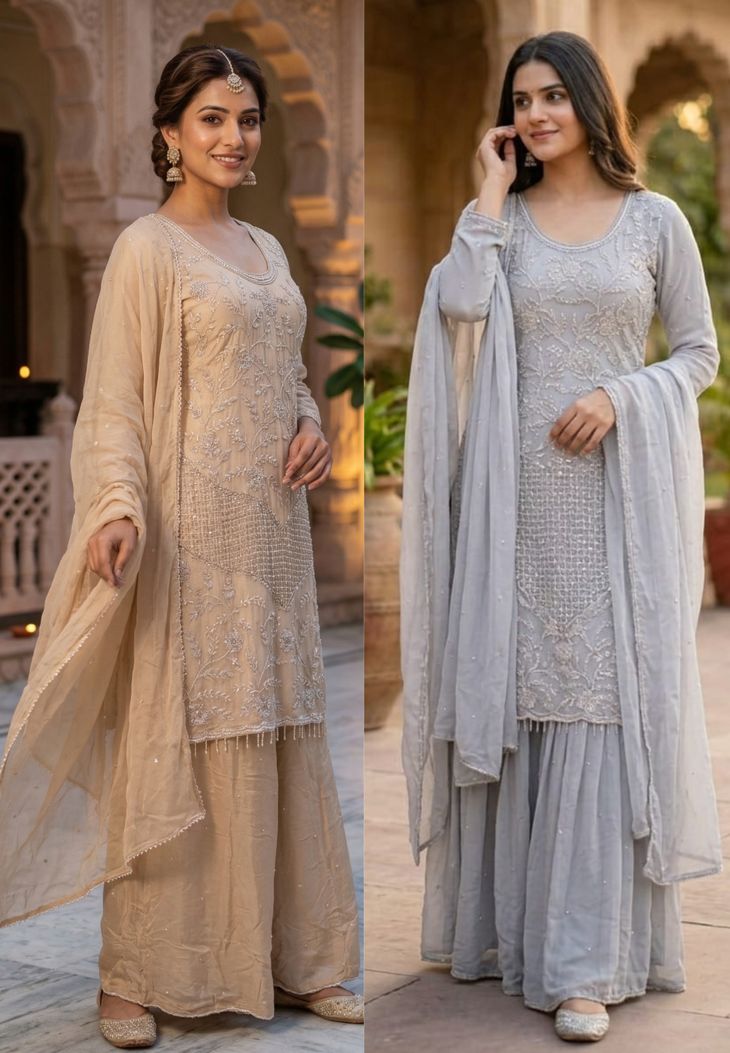 Cut Dana Floral Blossom Elegant Handwork Heavy Full Suit Set With Scalloped Dupatta In Chinon Fabric- 13631