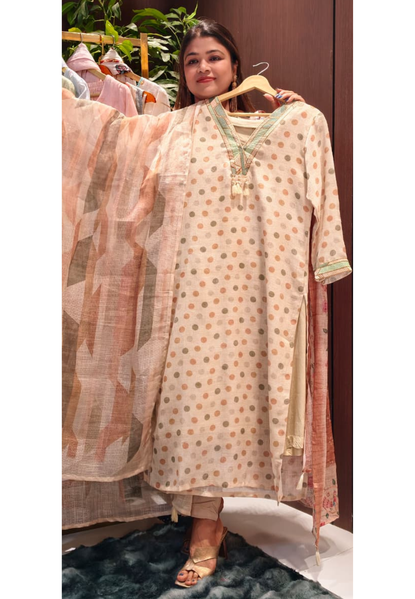 Polka Inspired Dotted Kodi Tassel V-Neck Full Suit Set With Dupatta In Checks Cotton Fabric- 13728