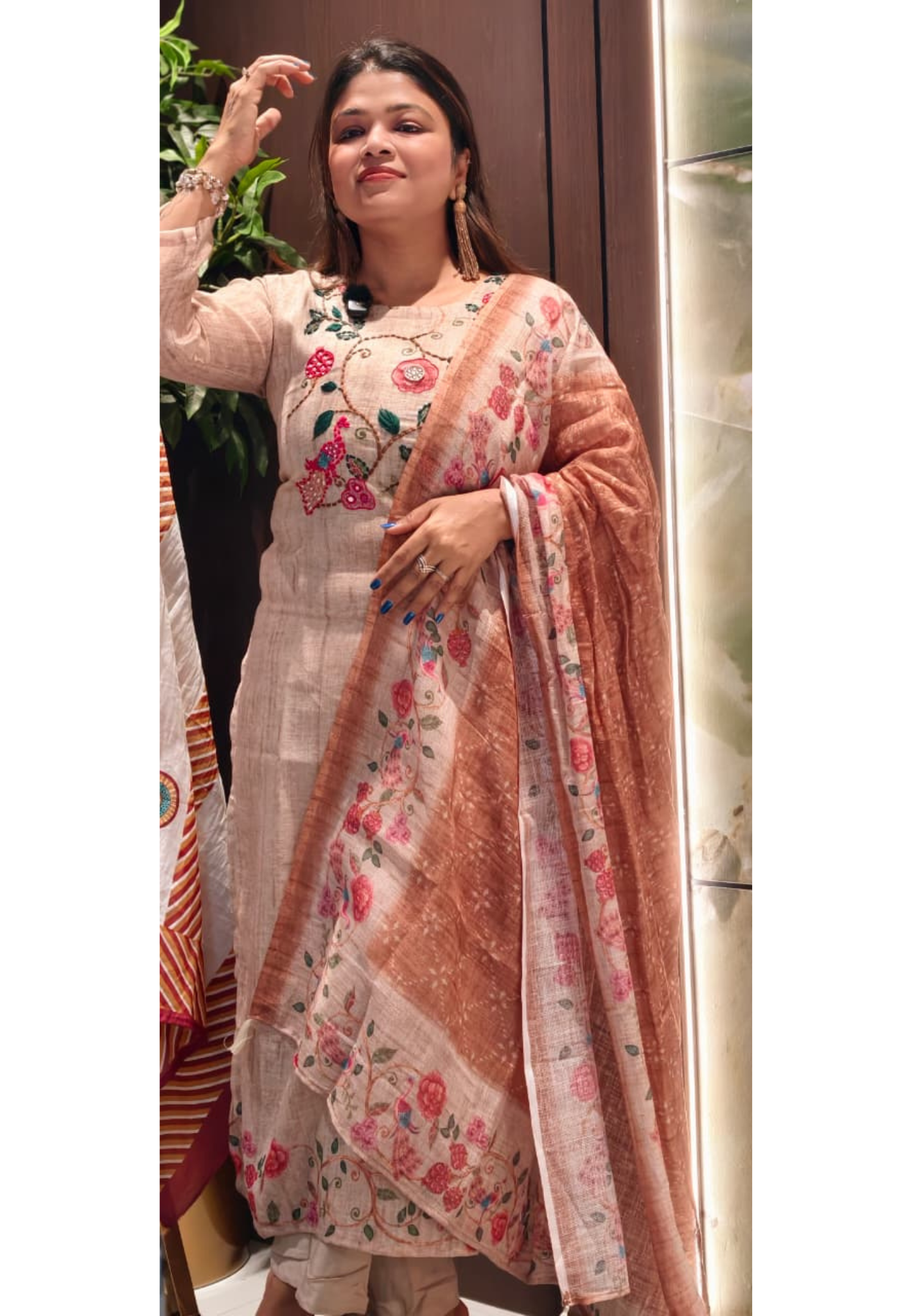 Katha Embroidery Misty Shade Floral Full Suit Set With Dupatta In Jute Cotton Fabric- 13724