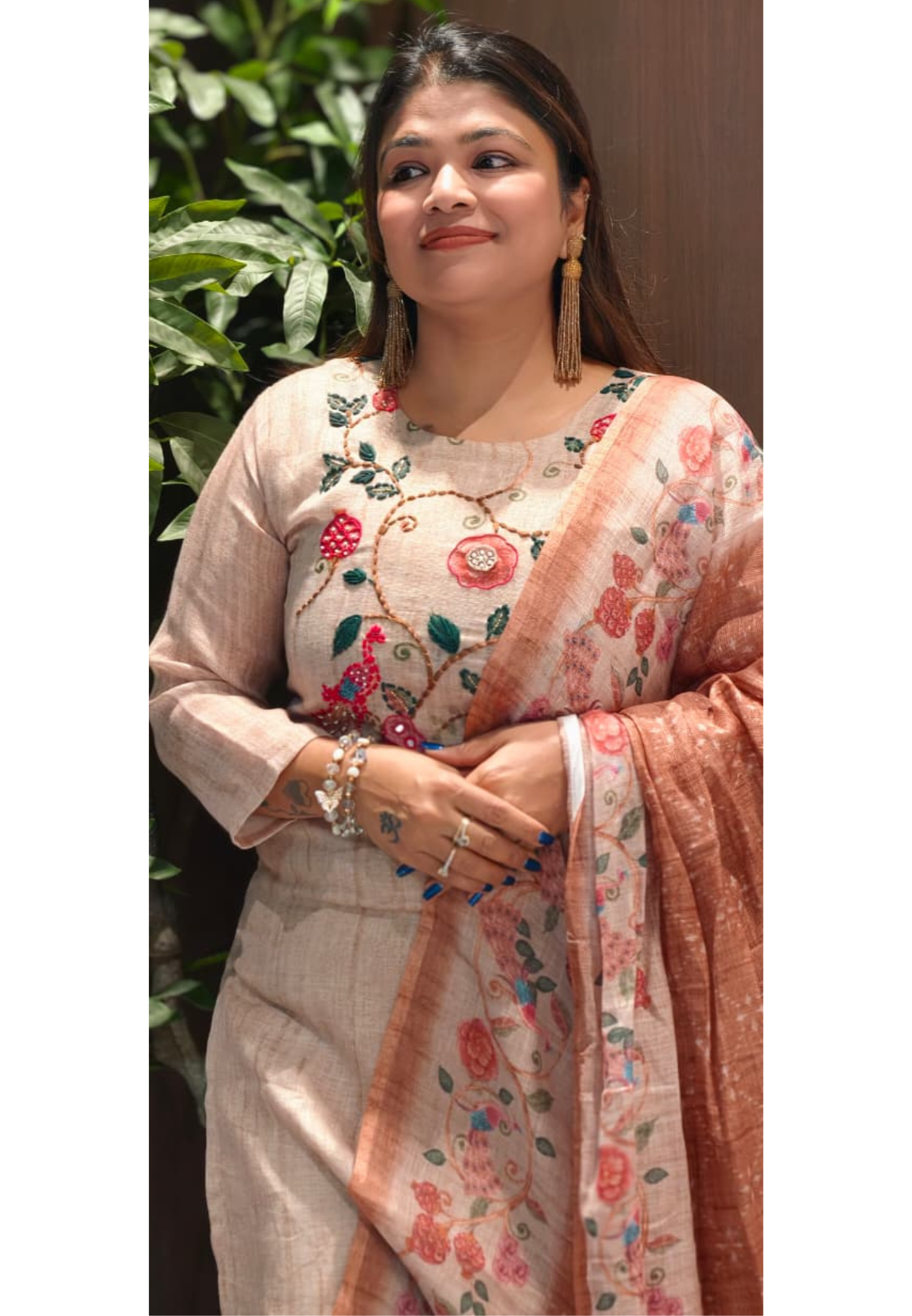 Katha Embroidery Misty Shade Floral Full Suit Set With Dupatta In Jute Cotton Fabric- 13724