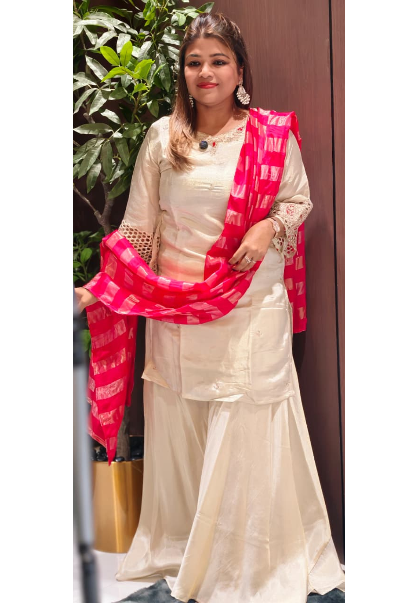 Premium Tissue Designer Sleeve & Neck Work Solid Full Suit Set With Palazzo Bottom & Striped Vibrant Dupatta-14082 RB121