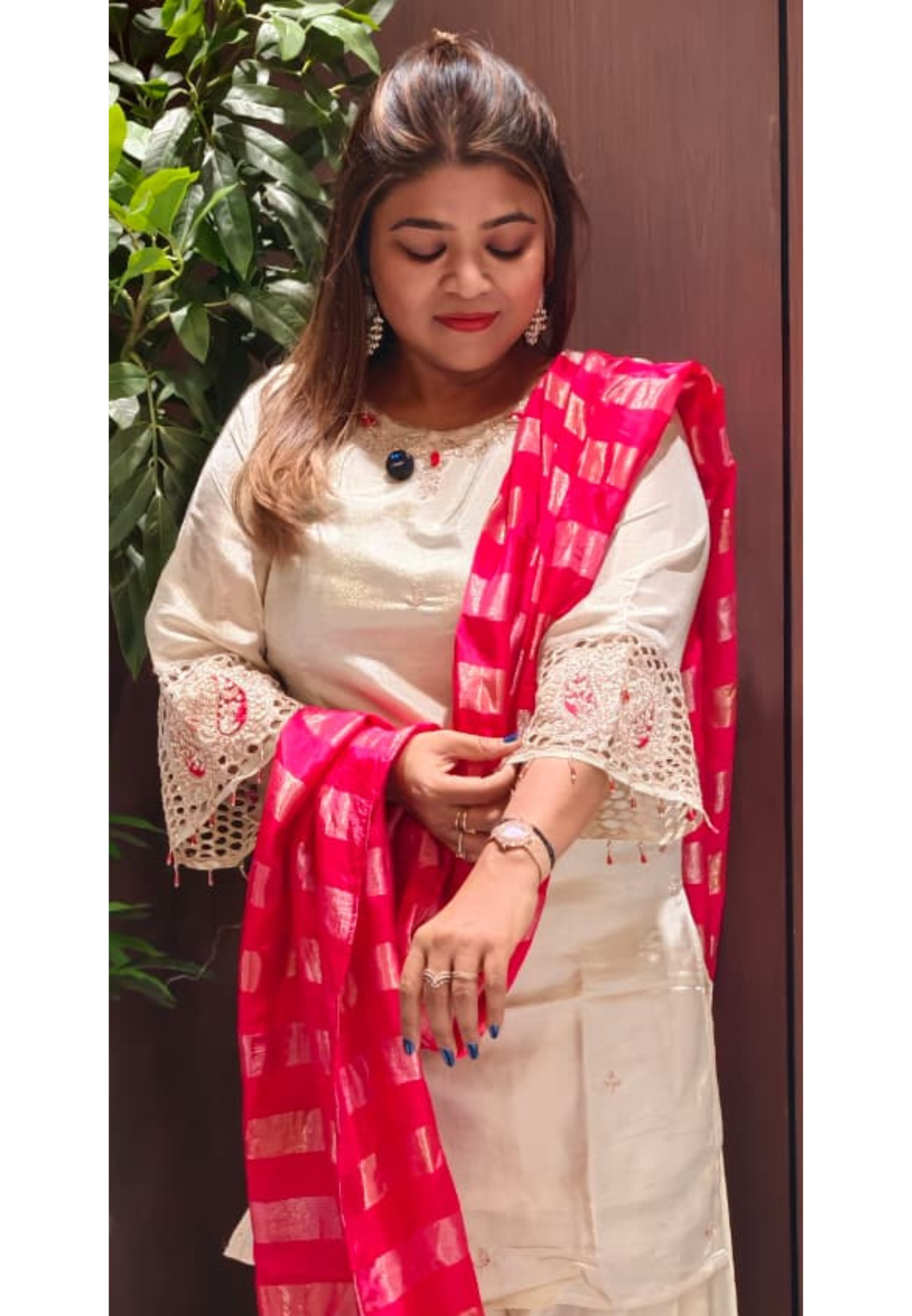Premium Tissue Designer Sleeve & Neck Work Solid Full Suit Set With Palazzo Bottom & Striped Vibrant Dupatta-14082 RB121