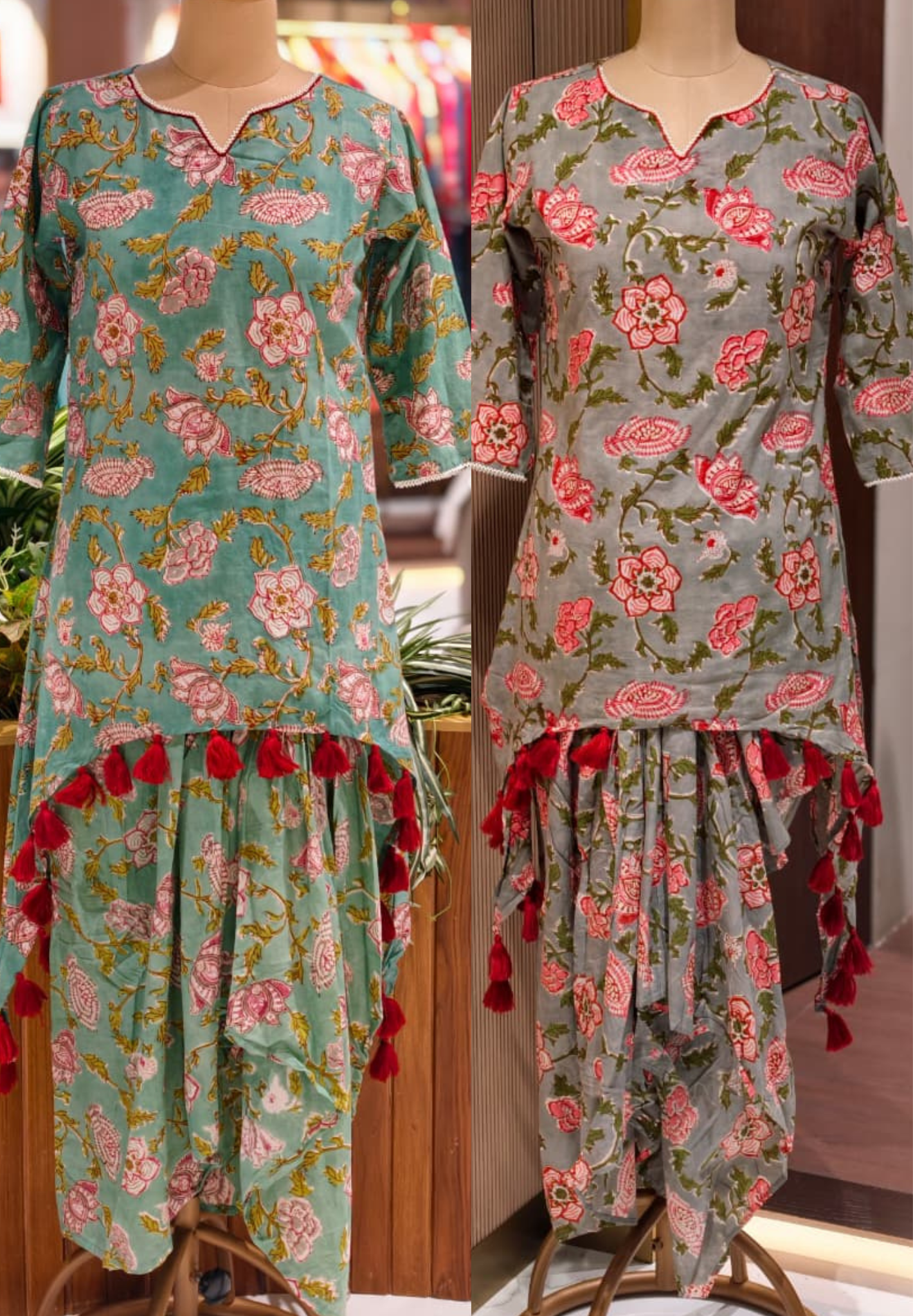 Tiny Pearl Neck Line Floral Printed Thread Tasseled Kurta With Unique Skirt Bottom In Cotton Fabric- 14176   RB152