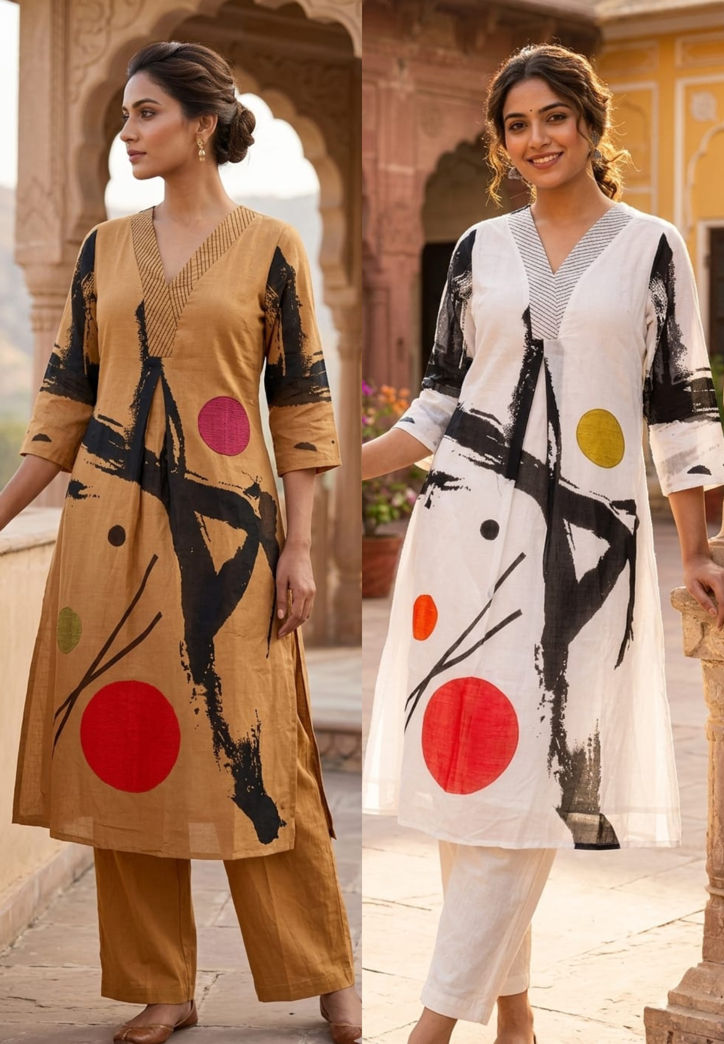 Ancient Rounded Print V-Neck Line Light Weight A-Line Kurta Pant Set In Mul Cotton Fabric- 14146 RB148