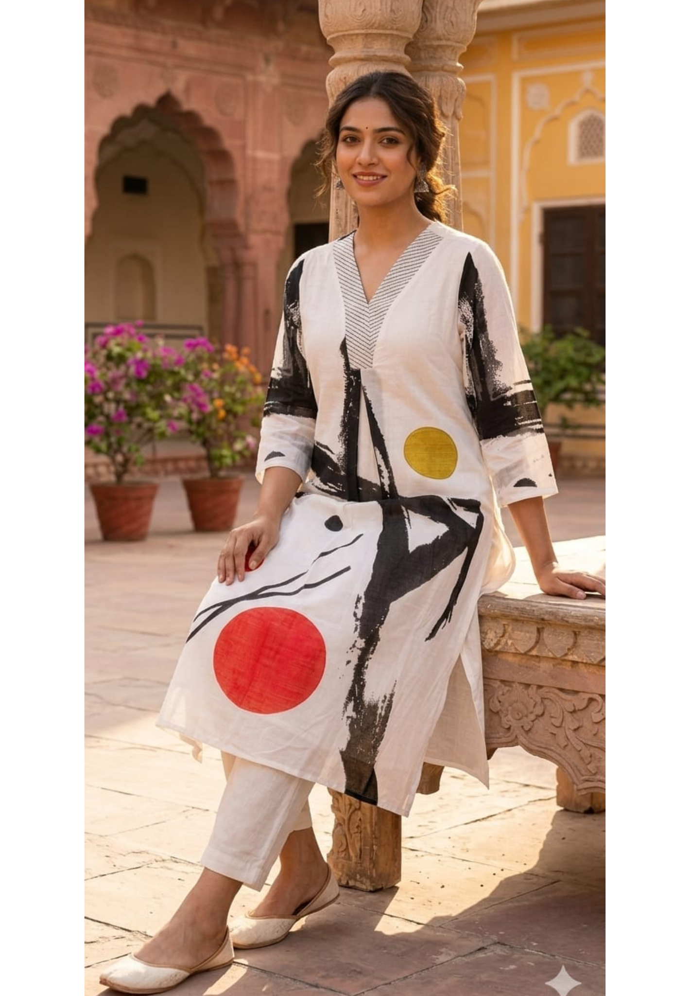 Ancient Rounded Print V-Neck Line Light Weight A-Line Kurta Pant Set In Mul Cotton Fabric- 14146 RB148