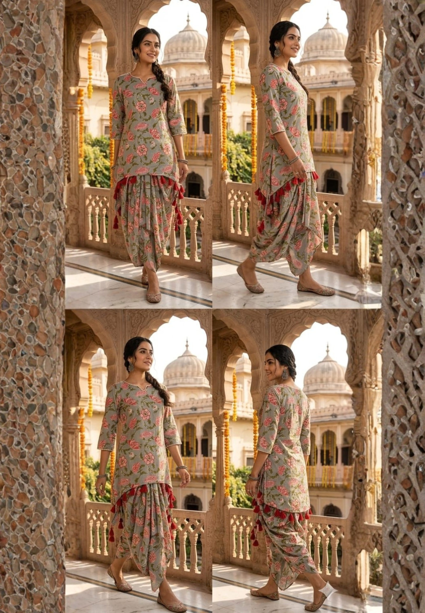 Tiny Pearl Neck Line Floral Printed Thread Tasseled Kurta With Unique Skirt Bottom In Cotton Fabric- 14176   RB152