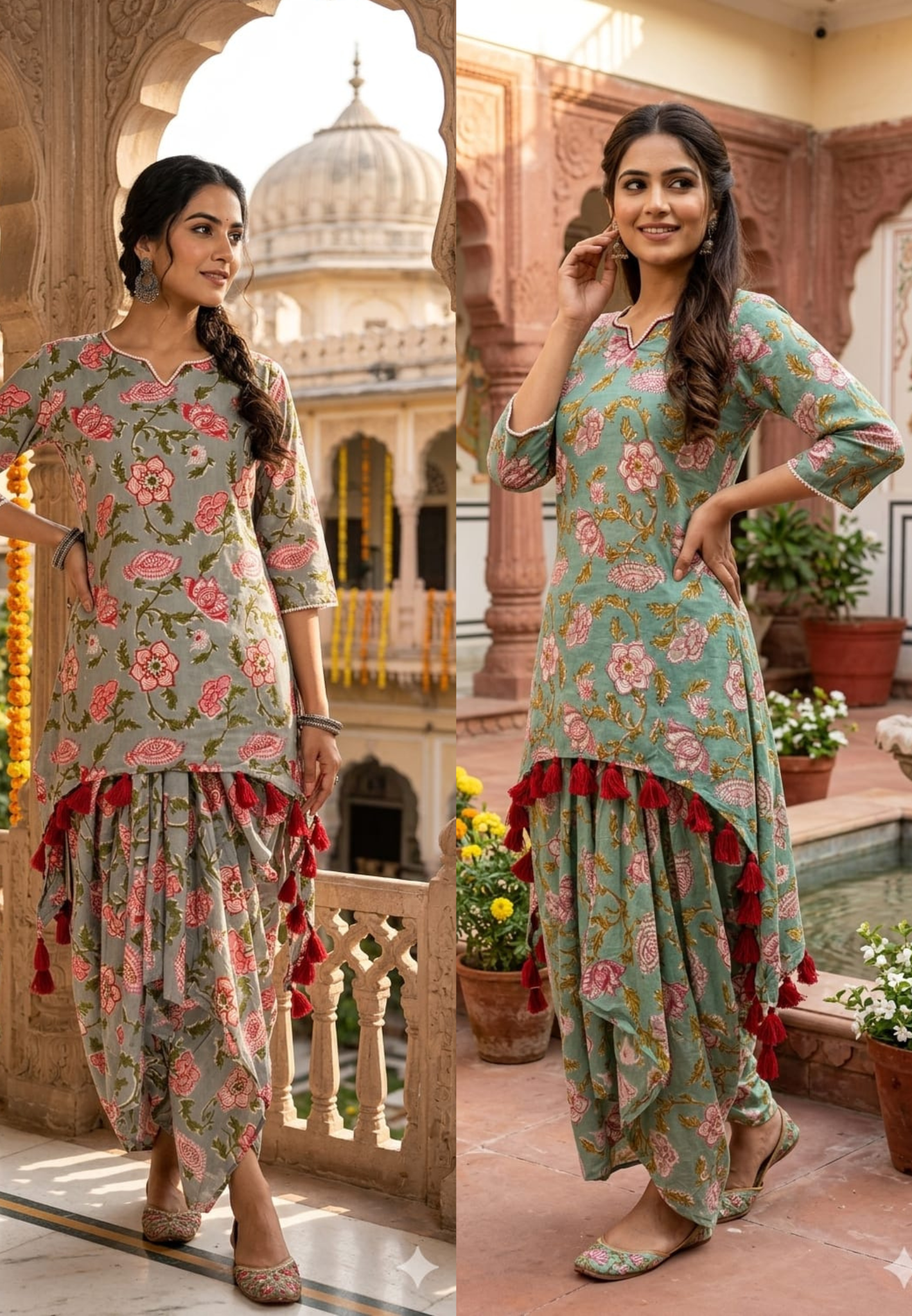 Tiny Pearl Neck Line Floral Printed Thread Tasseled Kurta With Unique Skirt Bottom In Cotton Fabric- 14176   RB152