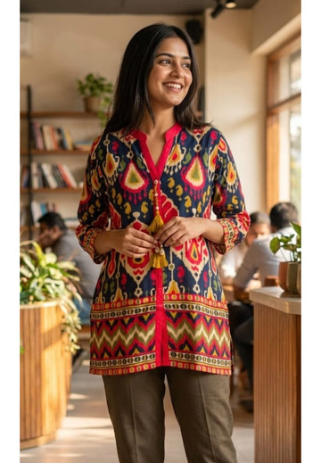 Paisley Earthy Printed Mandarin Casual Wear Muslin Short Kurti Only- 14154    RB164