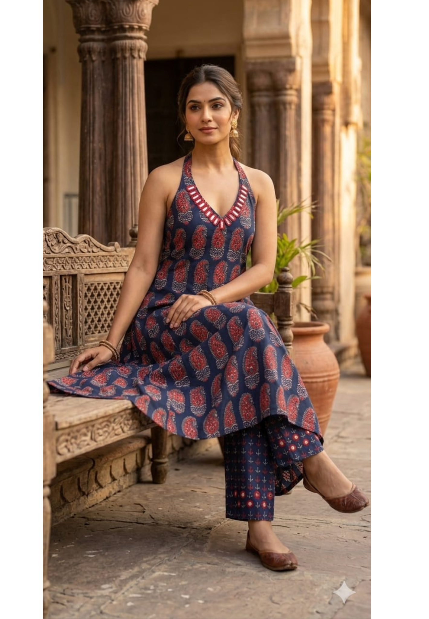 Real Mirror Haulter Neckline Summer Friendly Printed Kurta Pant Set In Cotton Fabric- 14190 RB168