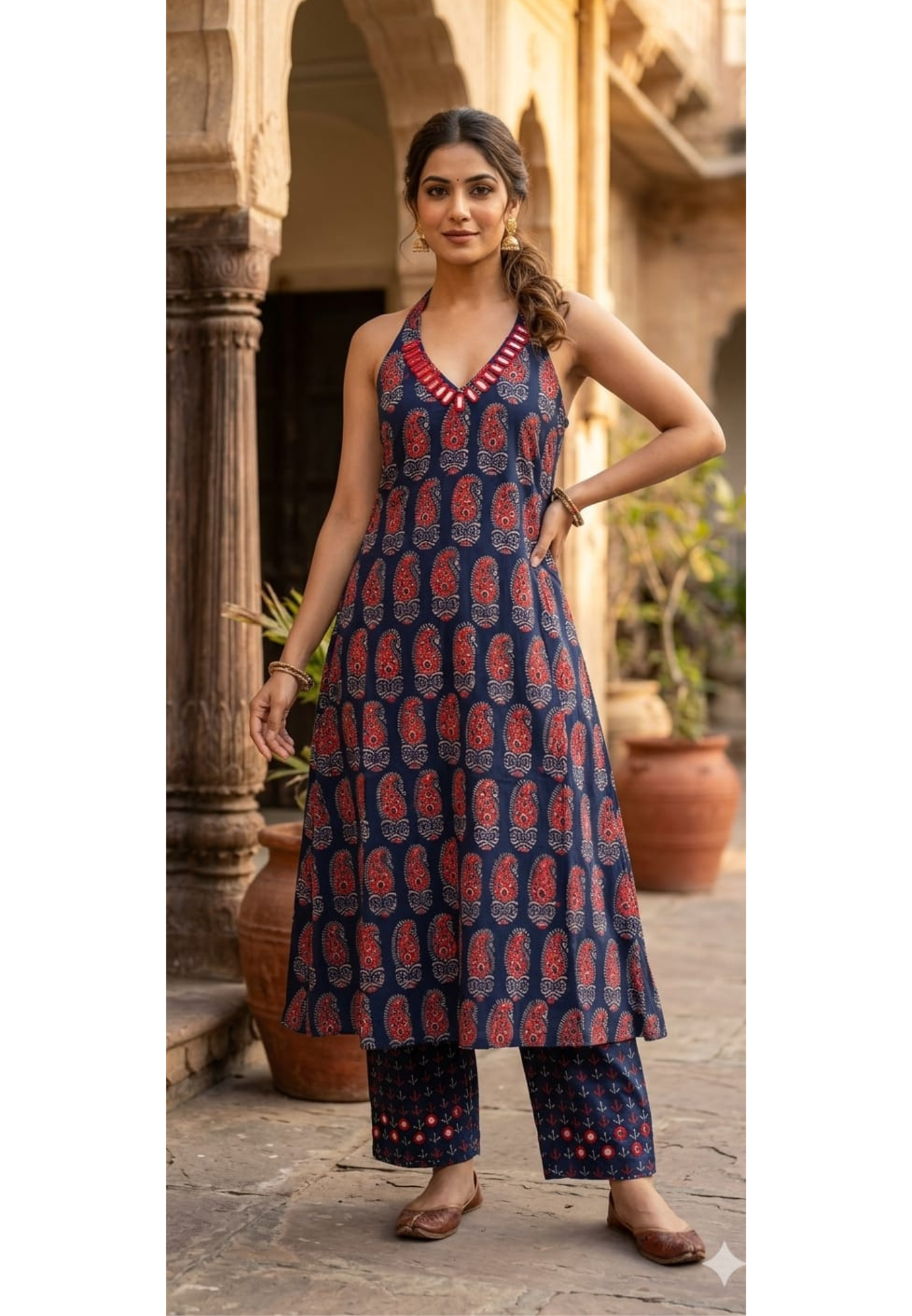 Real Mirror Haulter Neckline Summer Friendly Printed Kurta Pant Set In Cotton Fabric- 14190 RB168