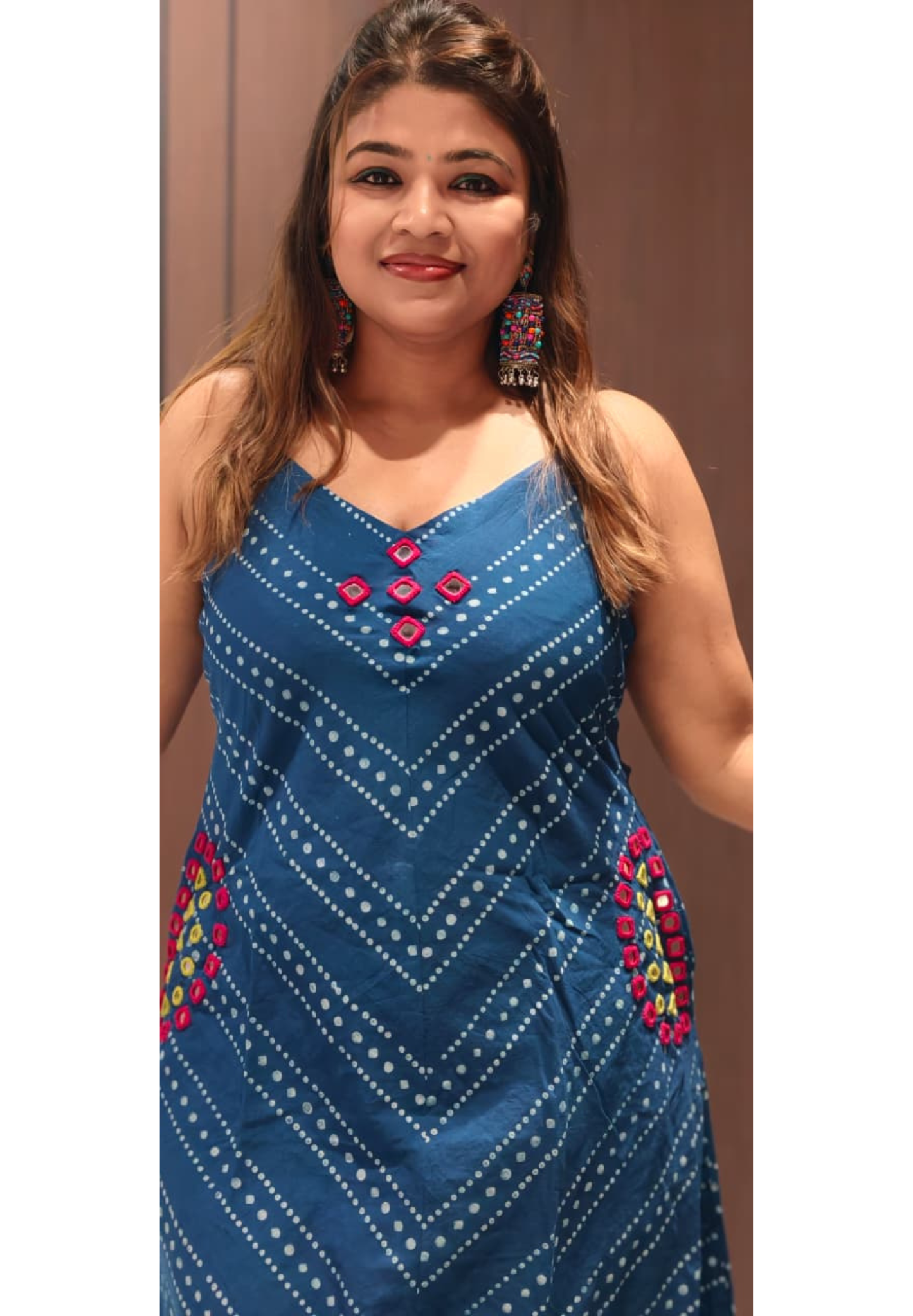 Indigo Handloom Cotton Noodle Strap Sleeveless Frock with Bandhani Print & Pockets-14180 RB175
