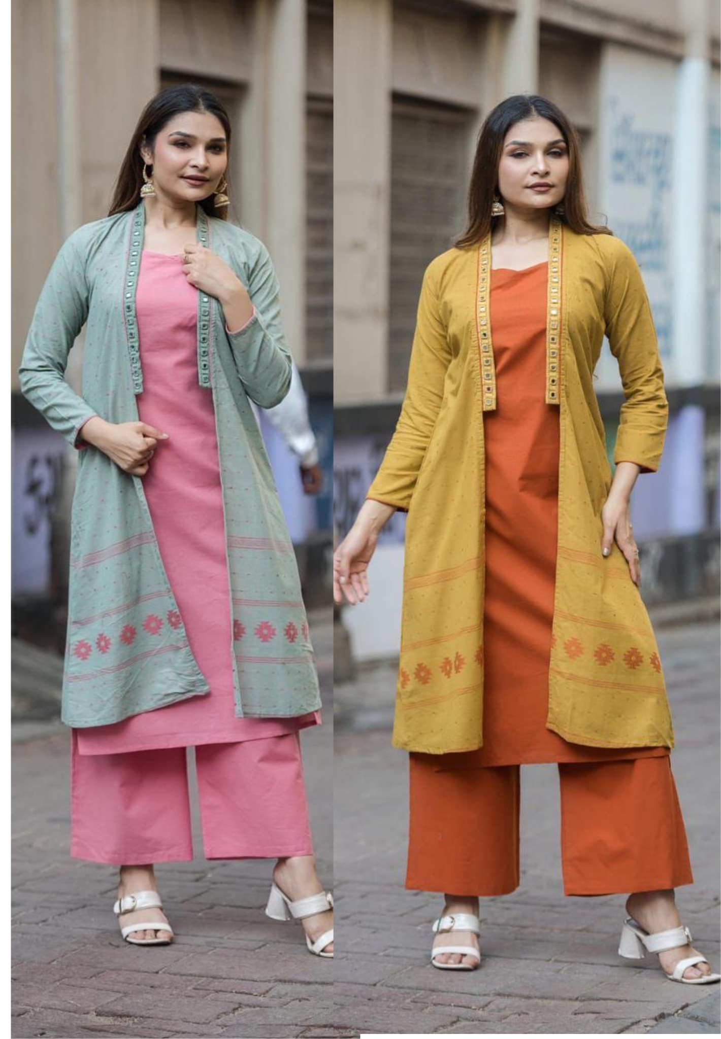 Elegant 3-Piece Layered Kurta Set with Inner, Pants & Embellished Shrug In Cotton Fabric-14193 RB178
