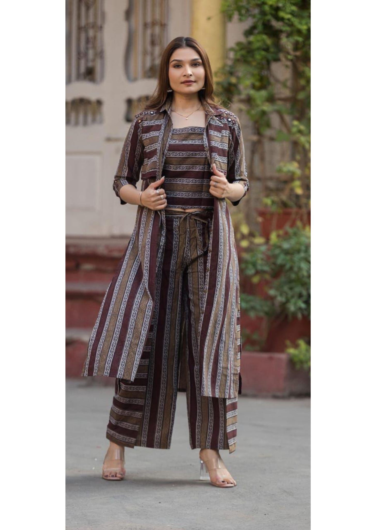 Handloom Cotton 3-Piece Kurta Pant Set with Printed Short attached Jacket Overlay-14191 RB180