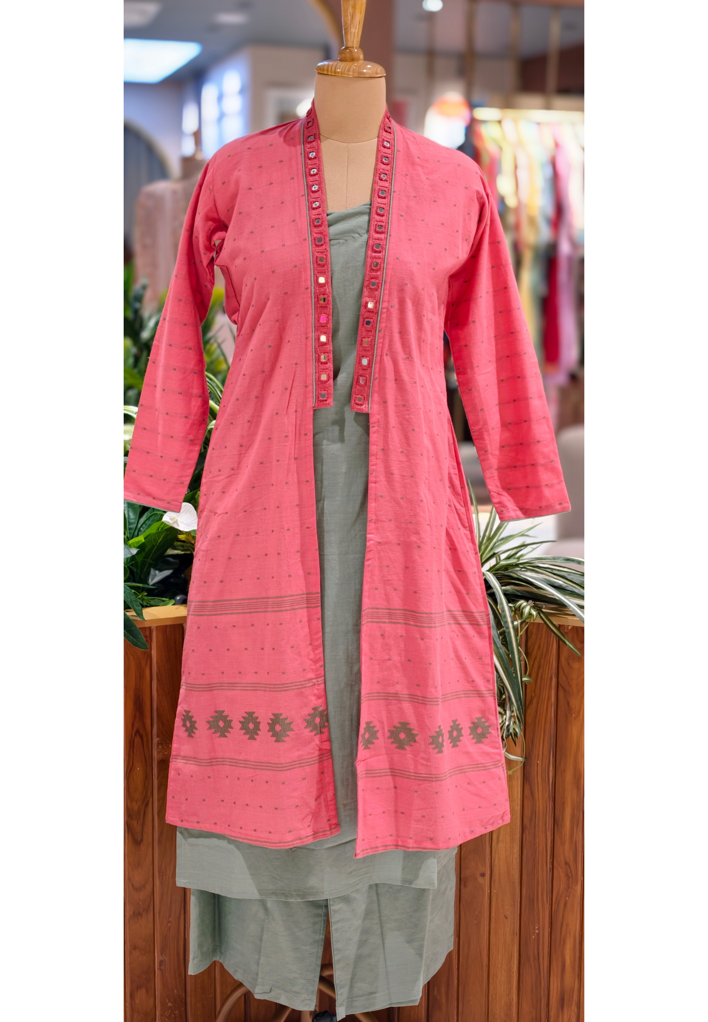Elegant 3-Piece Layered Kurta Set with Inner, Pants & Embellished Shrug In Cotton Fabric-14193 RB178