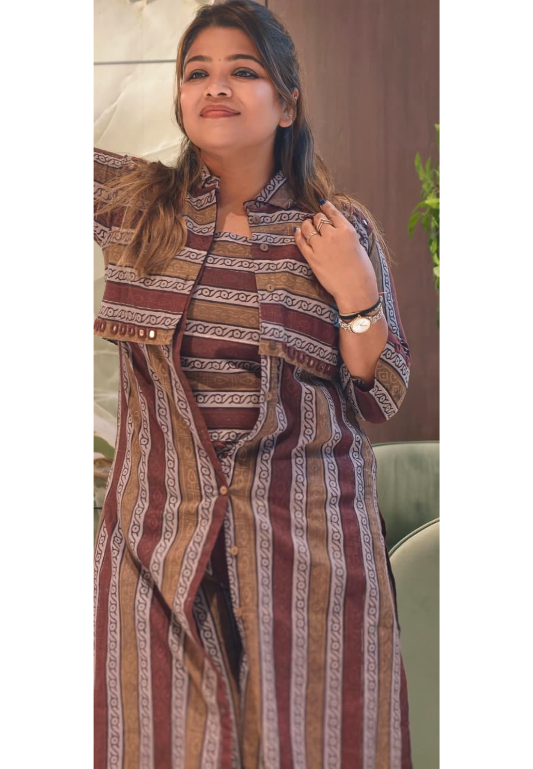 Handloom Cotton 3-Piece Kurta Pant Set with Printed Short attached Jacket Overlay-14191 RB180