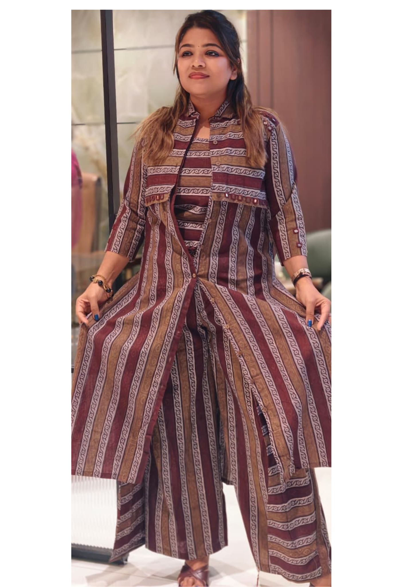Handloom Cotton 3-Piece Kurta Pant Set with Printed Short attached Jacket Overlay-14191 RB180