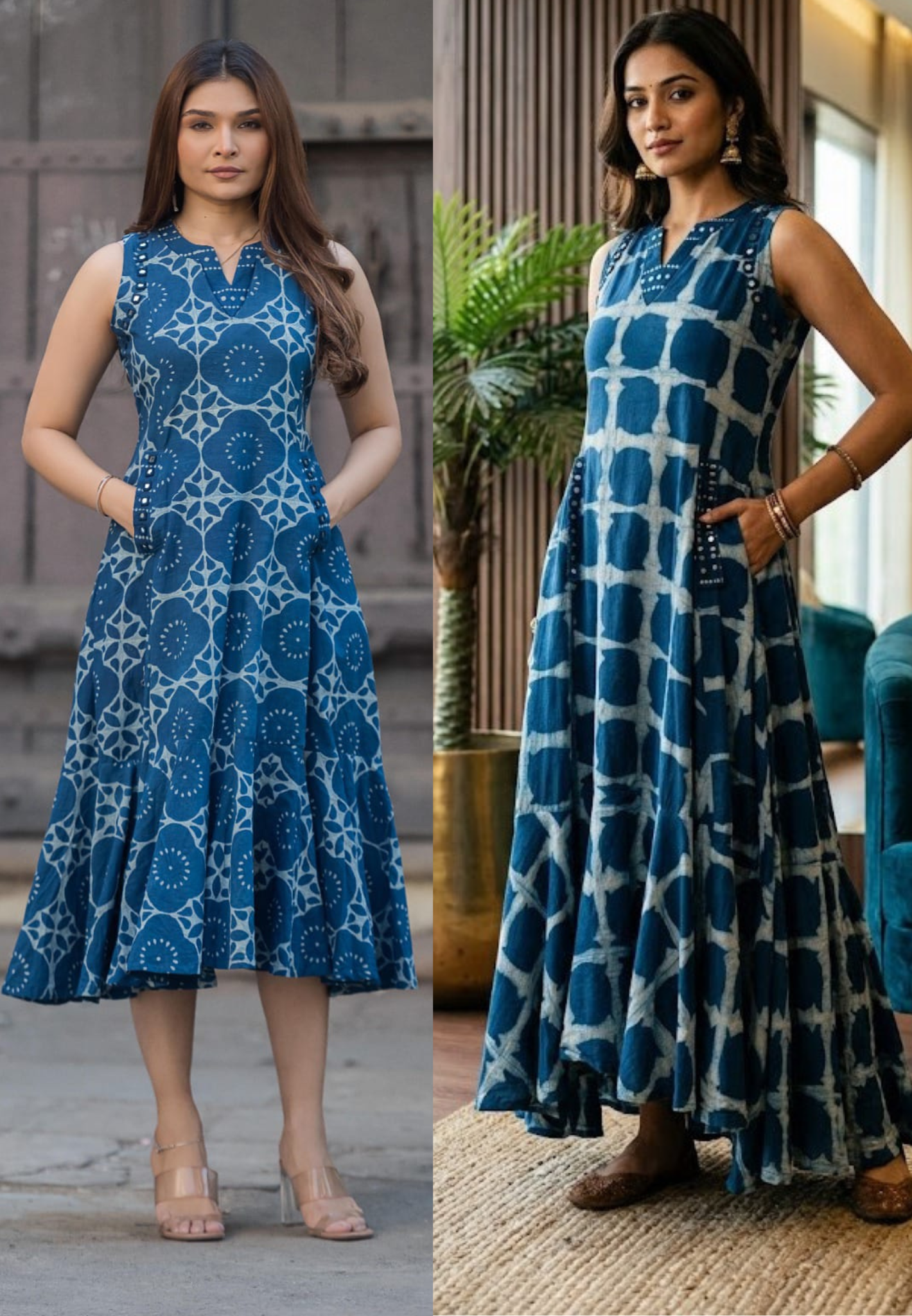 Handloom Cotton Sleeveless Frock with Shibori Print with Pockets-14183 RB174