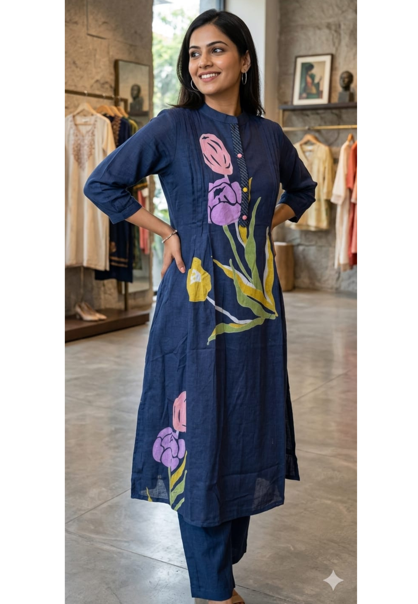 Elegant Navy Blue Mul Cotton Kurta Pant Set with Artistic Floral Print & Pleated Detailing-14485 RB192