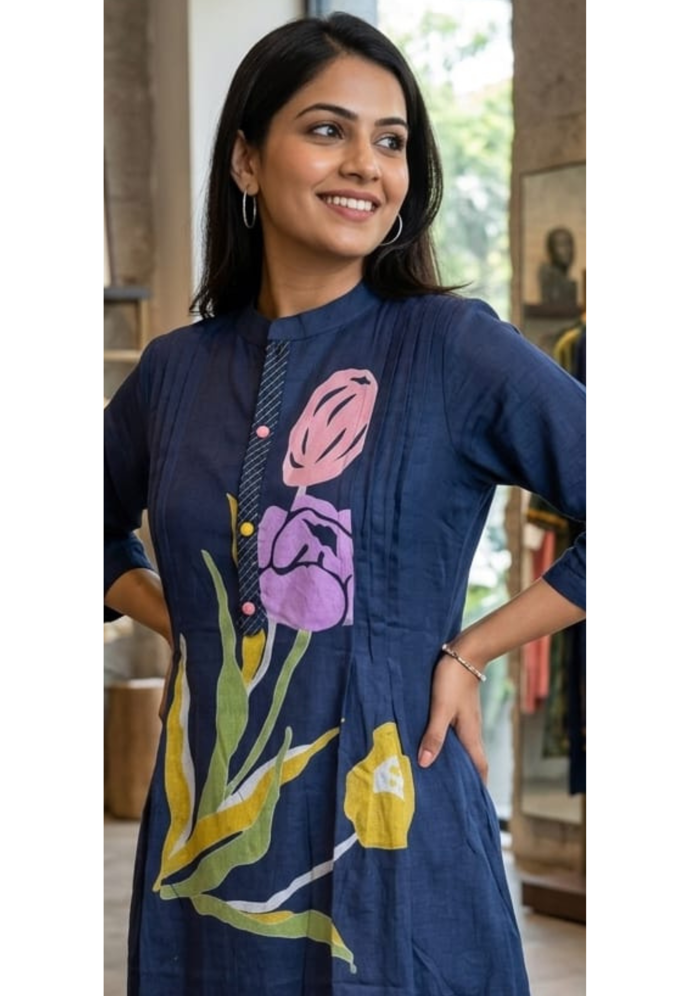 Elegant Navy Blue Mul Cotton Kurta Pant Set with Artistic Floral Print & Pleated Detailing-14485 RB192