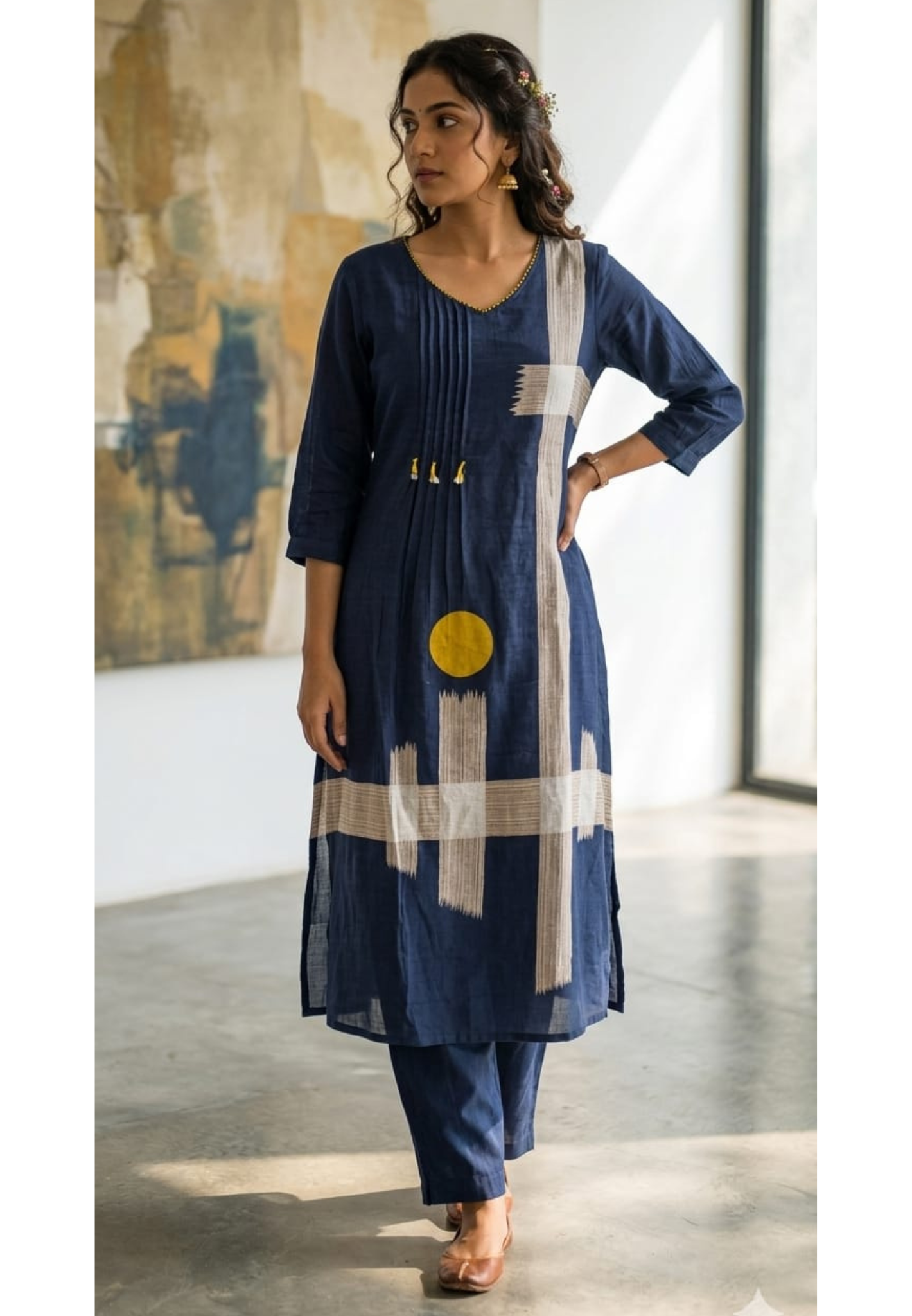 Elegant Navy Blue Mul Cotton Kurta Pant Set with Contemporary Abstract Print-14144 RB193