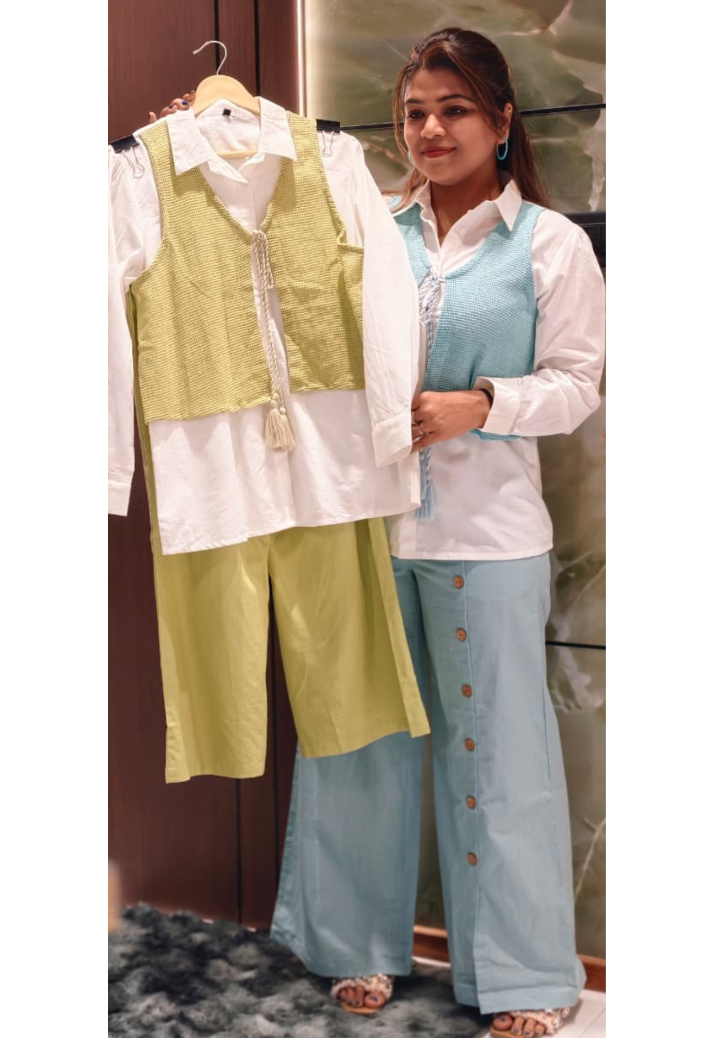Stylish Cotton Co-Ord Set with Shirt Kurta, Textured Overlay Jacket & Button Detail Pants-14258 RB187