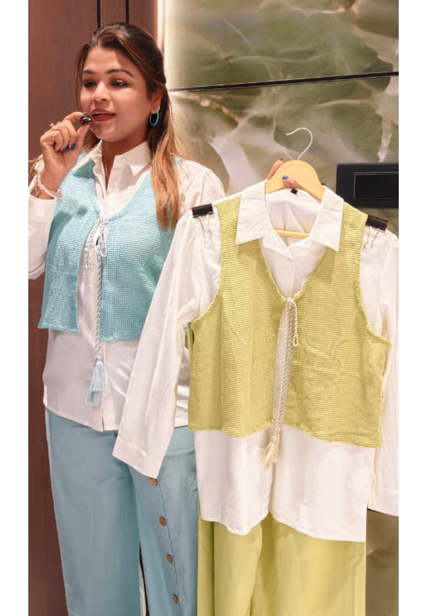 Stylish Cotton Co-Ord Set with Shirt Kurta, Textured Overlay Jacket & Button Detail Pants-14258 RB187