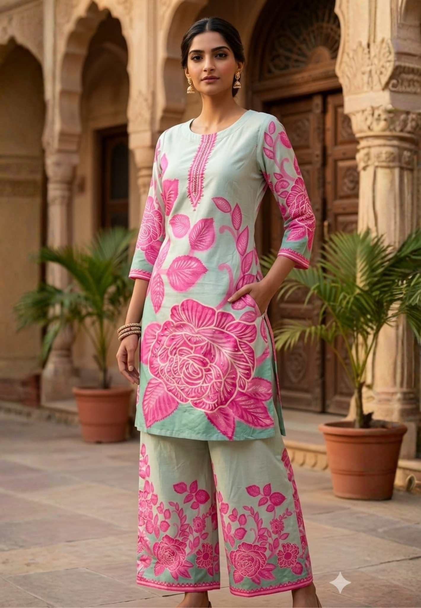 Elegant Mint Green Cotton Kurta Pant Set with Bold Pink Floral Print & Embroidered-14002 RB189