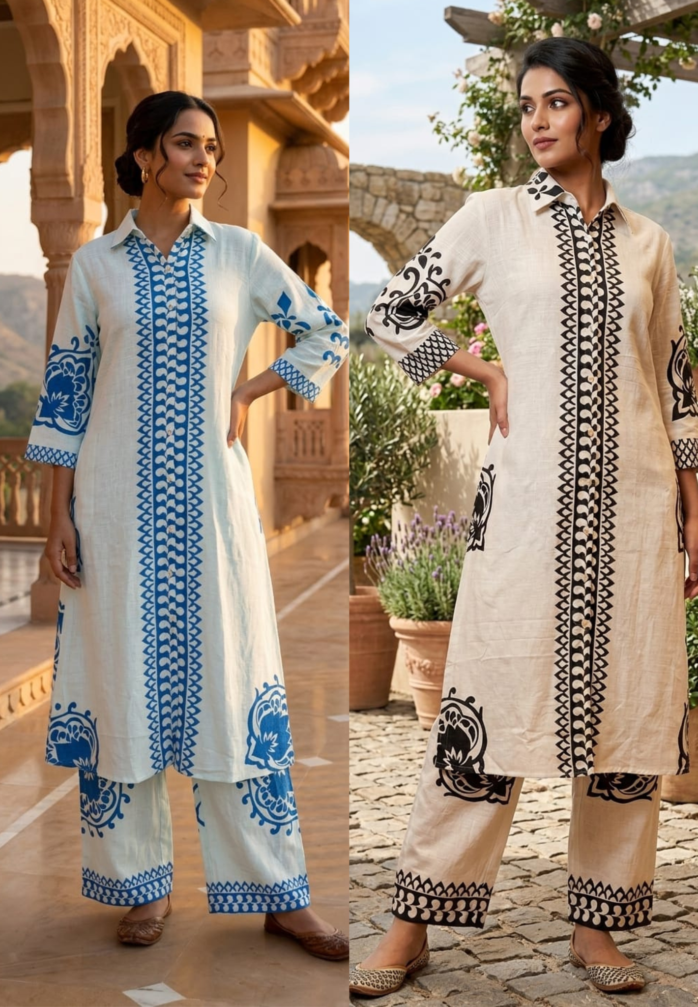 Linear Patterned Motif Summer Wear Collared Long Length Kurta Pant Set In Cotton Fabric-14272 RB190