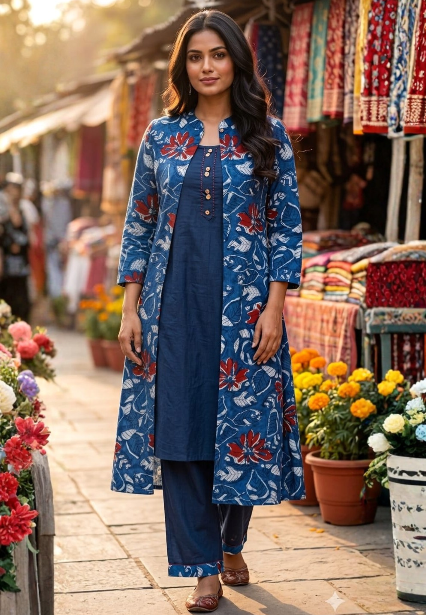 Stylish Blue Cotton Kurta Pant with Attached Printed Overlay Panel & Floral Leaf Motif-14269 RB194