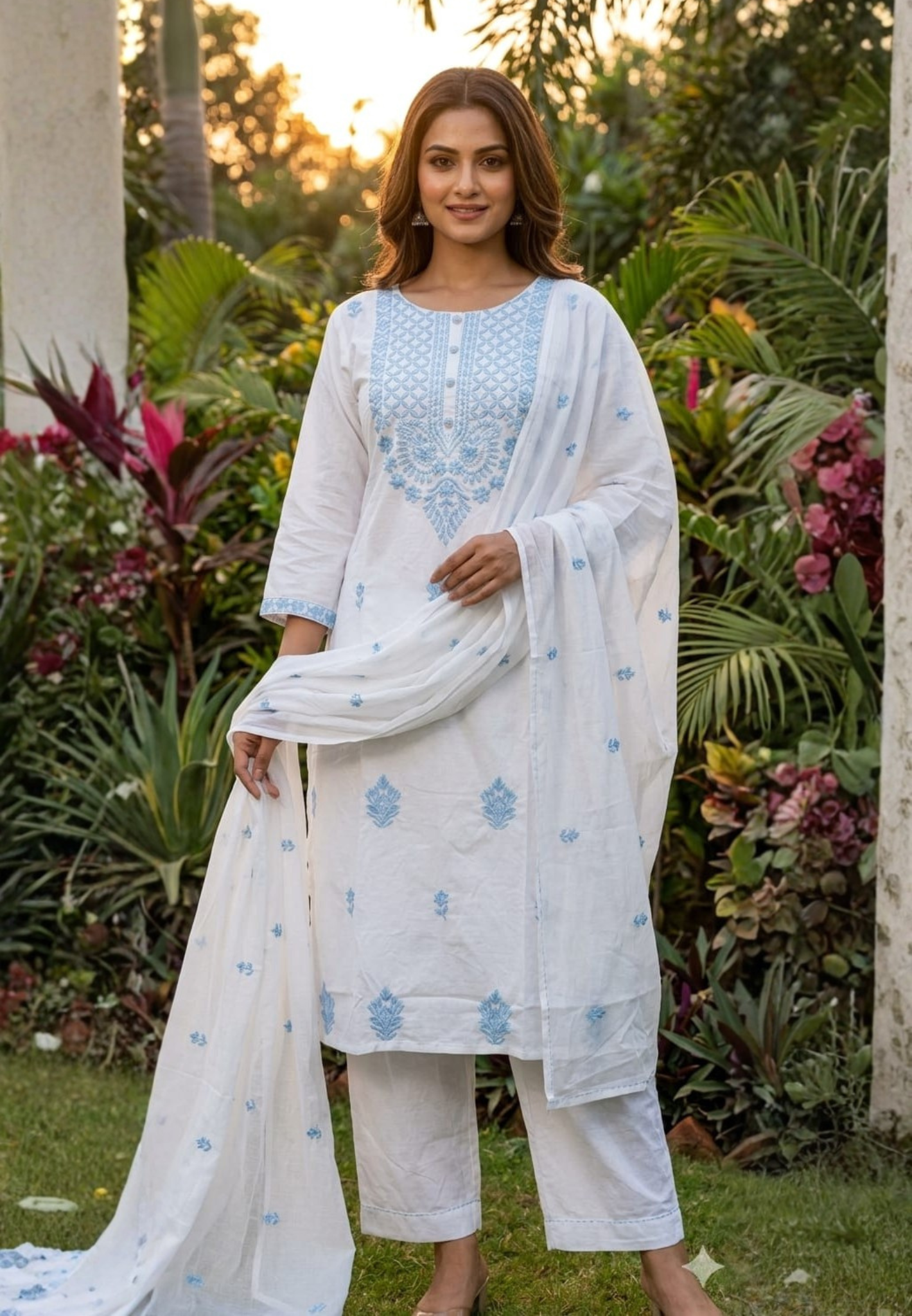 Elegant White Cotton Kurta with Sky Blue Chikankari Embroidery Cotton Full suit 14266 RB204