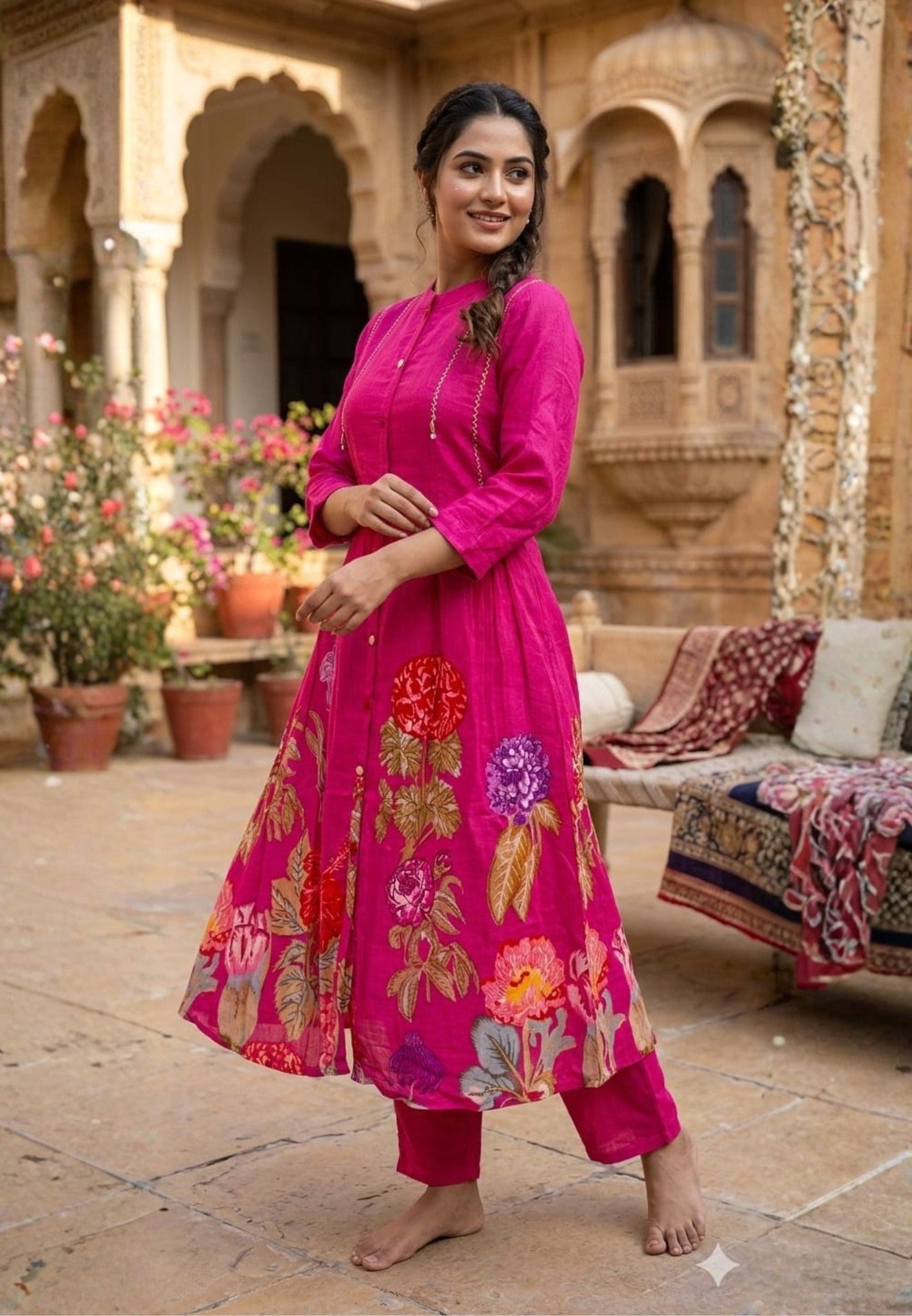 Mul Cotton Kurta Pant Set with Floral Print Hem, Pleated Detailing & Button-Down Front-14143 RB197