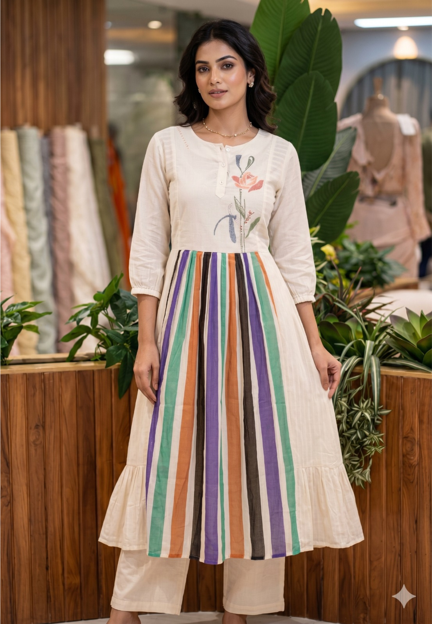 Elegant Off-White Mul Cotton Kurta Pant Set with Artistic Floral Print & Multicolour Striped-14147 RB191