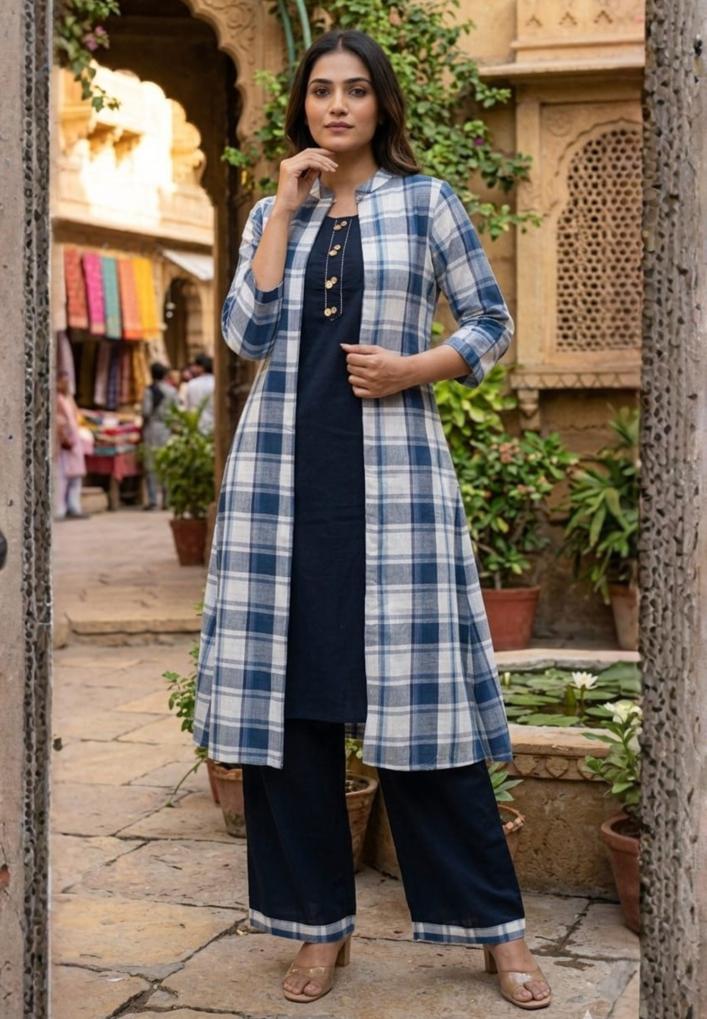 Checks Block 3-Piece Indo Wear Jacket With Kurta Pant Set In Cotton Fabric-14268 RB198