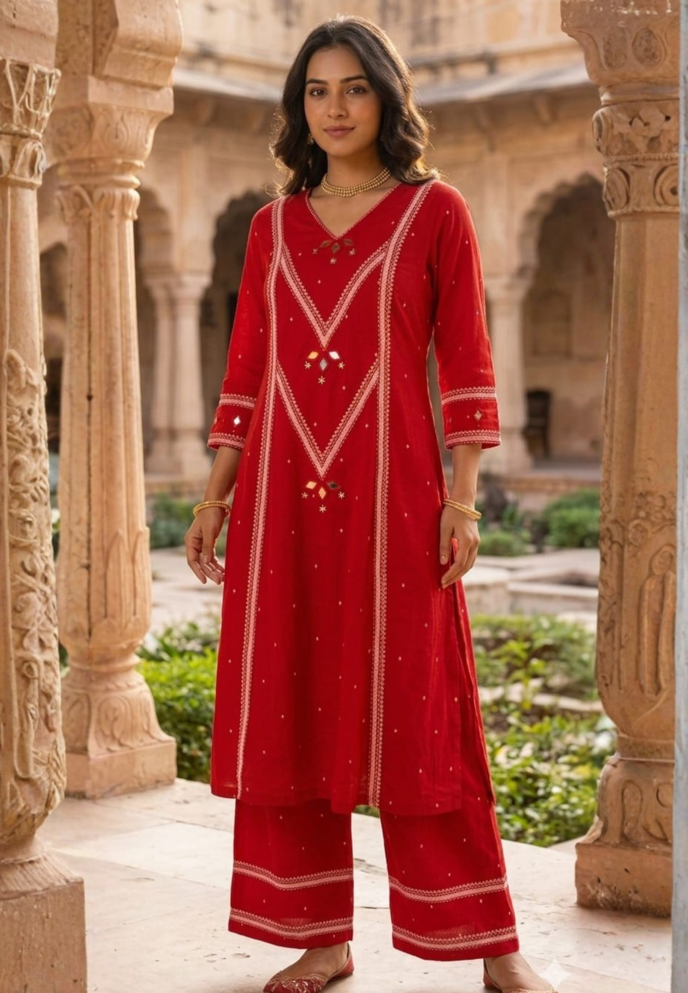 Elegant Red Cotton Kurta Pant Set with Intricate Thread Embroidery, Mirror Work Accents-14181 RB206