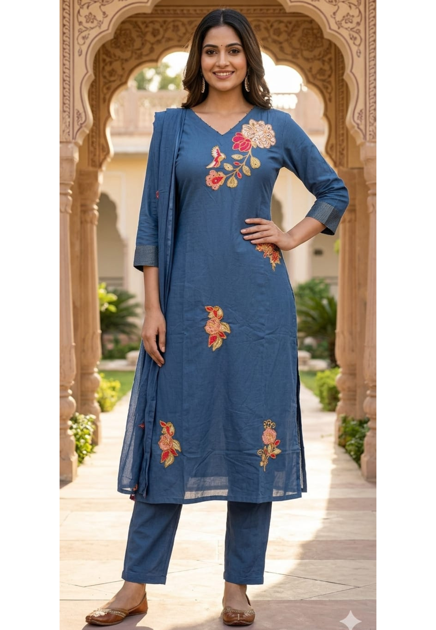 Elegant Navy Blue Kurta with Intricate Multicolor Floral Embroidery Cotton Full Suit-14265 RB203
