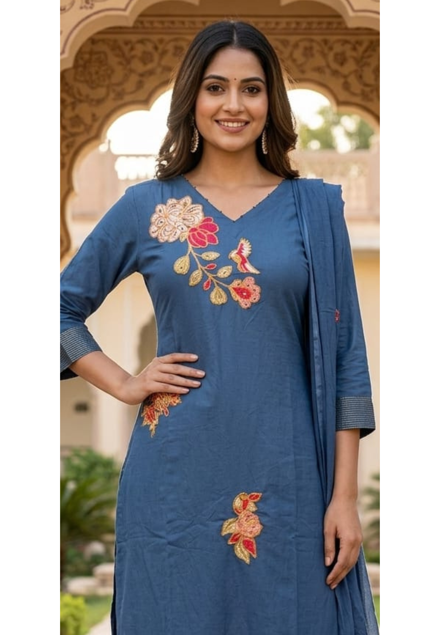 Elegant Navy Blue Kurta with Intricate Multicolor Floral Embroidery Cotton Full Suit-14265 RB203